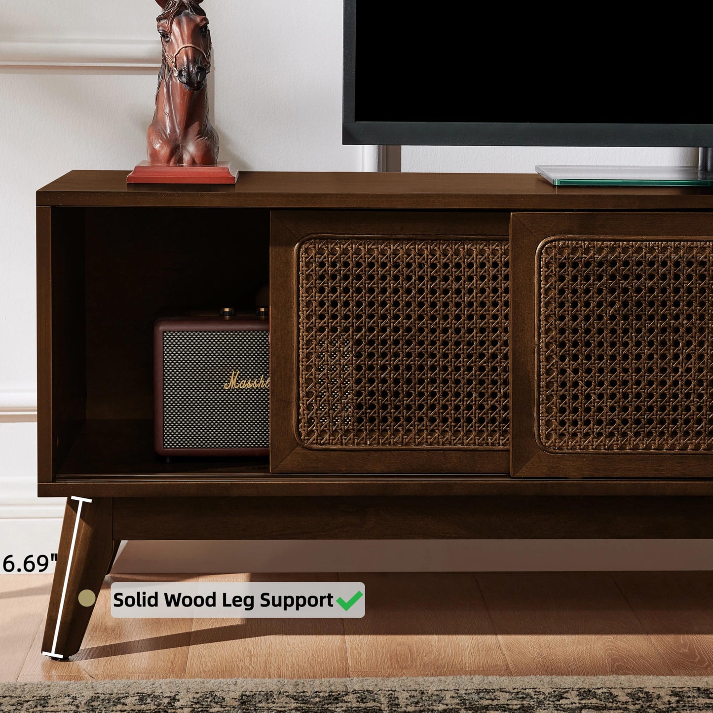 LKTART Mid Century Modern Rattan TV Stand for 65 Inch TV,59" Boho Media Console with Sliding Doors & Open Shelves,Solid Wood Legs for Living Room,Light Walnut