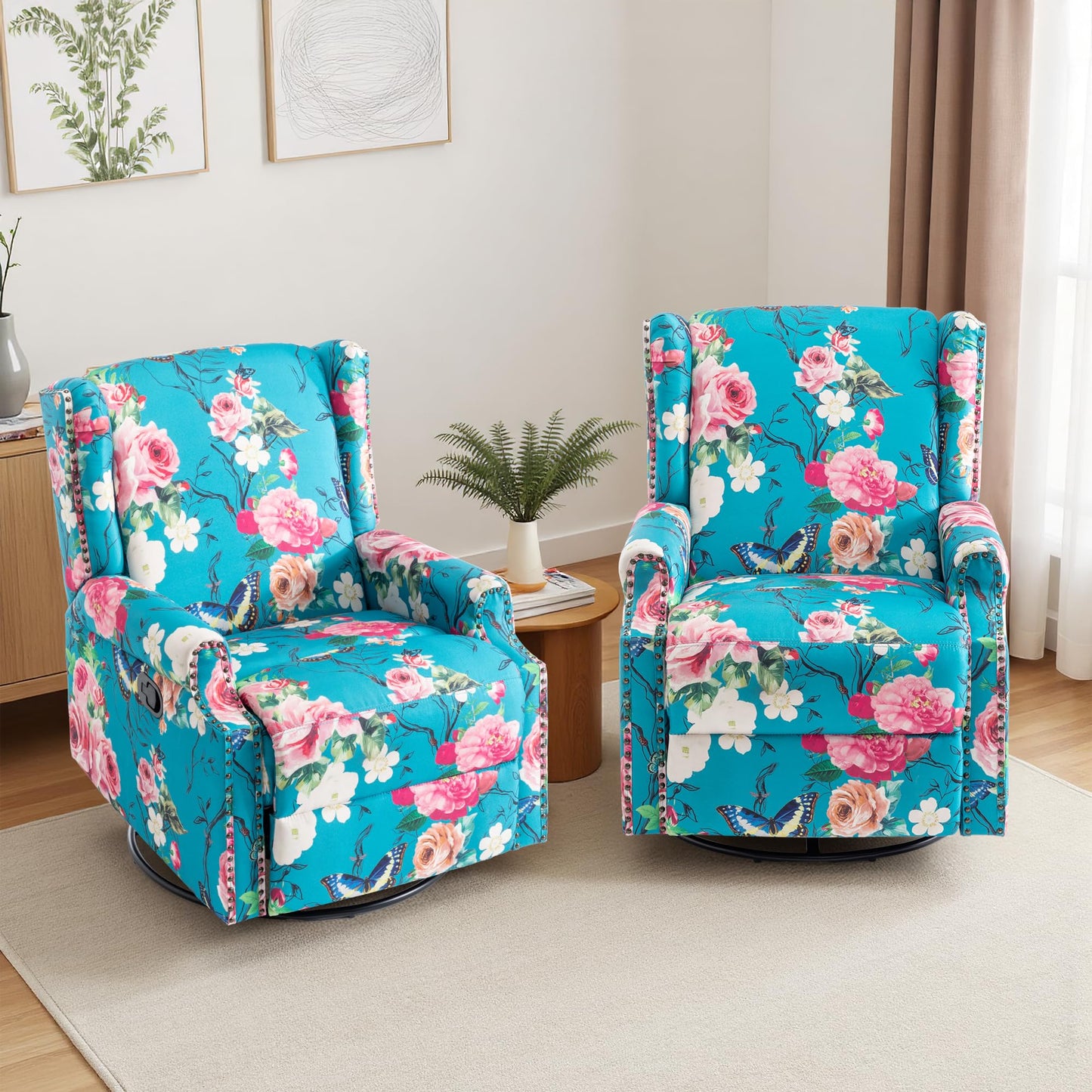 Swivel Rocker Recliner Chair, 360° Swivel Wingback Recliner Chairs for Adults, Upholstered Printed Fabric Glider Rocking Chair with High Back, Deep Seat for Living Romm Bedroom, Bird