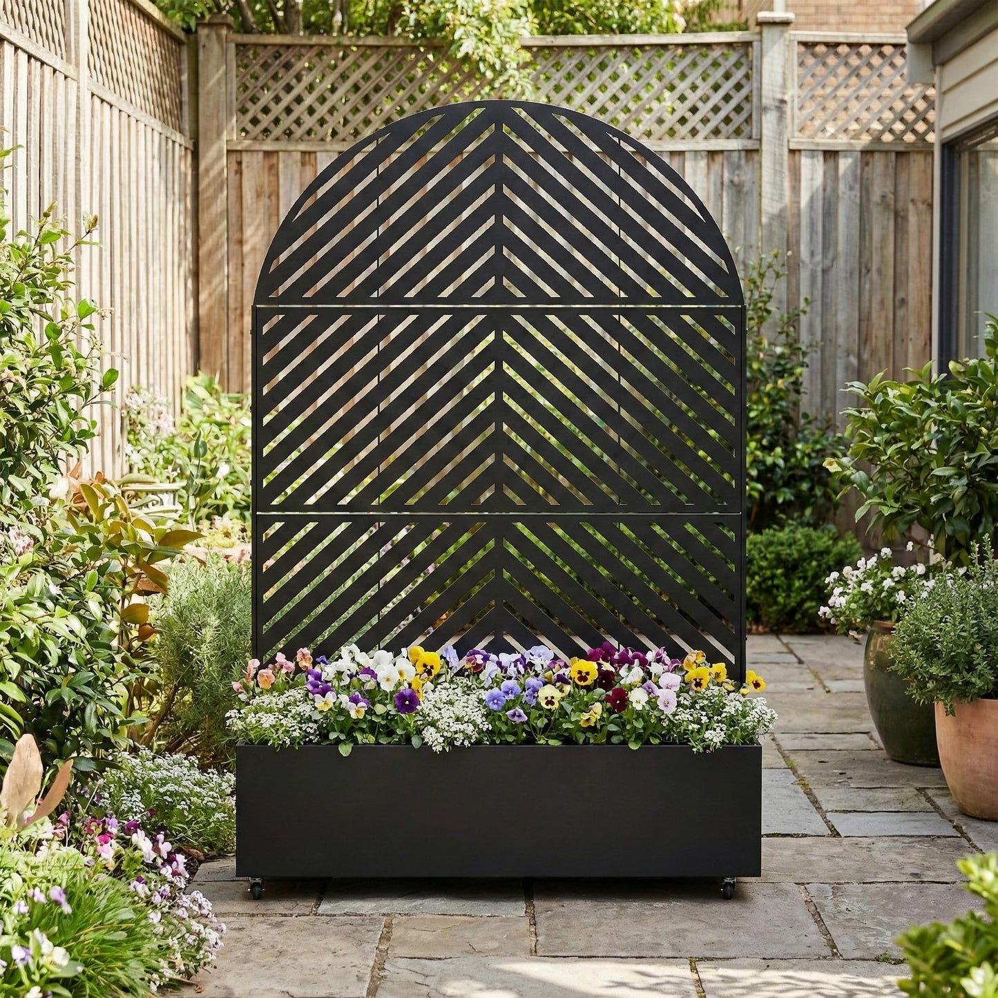 Metal Raised Garden Bed with Trellis and Wheels, 71"x47"x16" Planter Box with Privacy Screen & Drainage Holes, Arched Outdoor Garden Bed for Climbing Plants, Vegetables, Flowers (Black-Square)