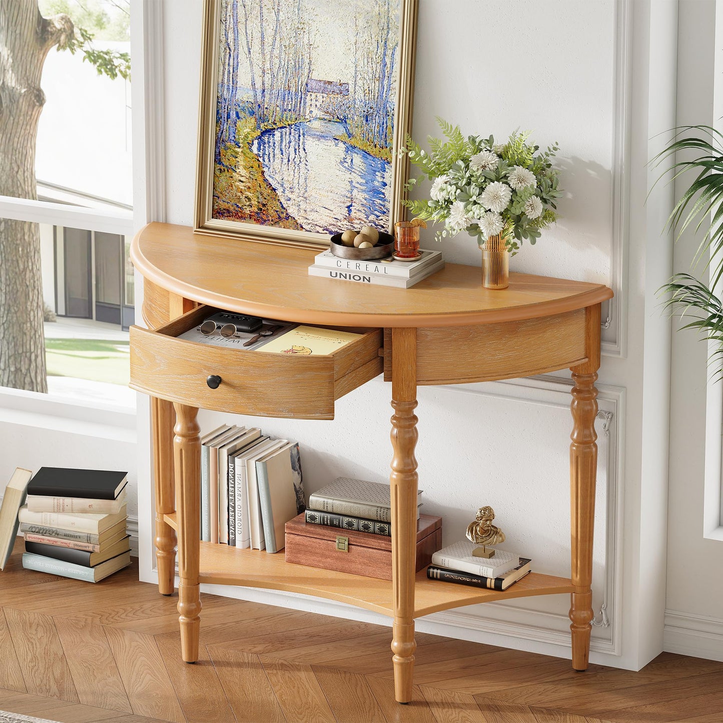 LKTART Small Solid Wood Sofa Table,Console Table with Drawers and Bottom Shelf, Entryway Hallway Foyer Entry Table for Living Room(23.7" Natural)