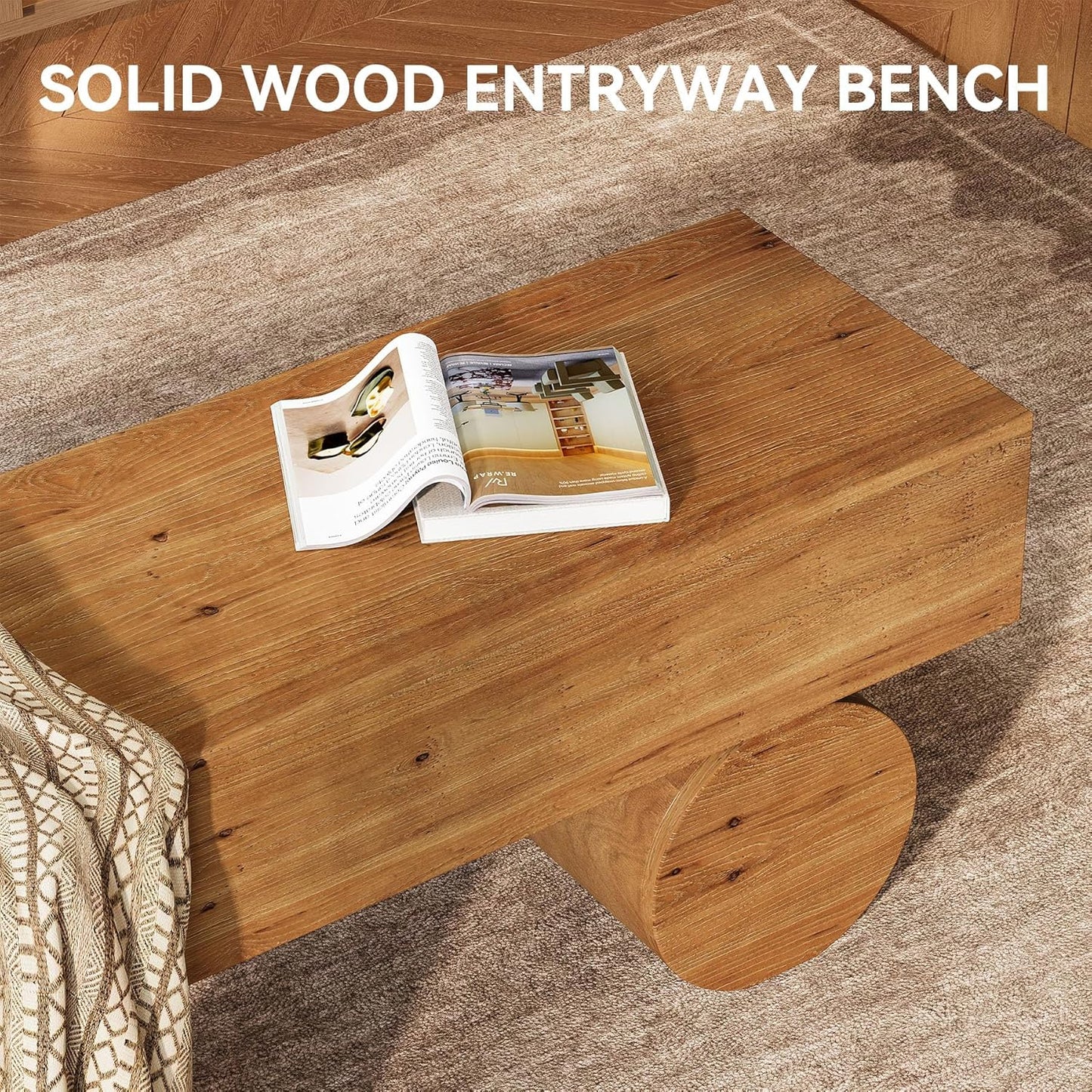 Solid Wood Entryway Bench, 59" Farmhouse Indoor Long End of Bed Bench with Thickened Seat & Cylindrical Legs, Narrow Shoe Bench Seat for Entry, Living Room, Bedroom, Easy Assembly, Brown