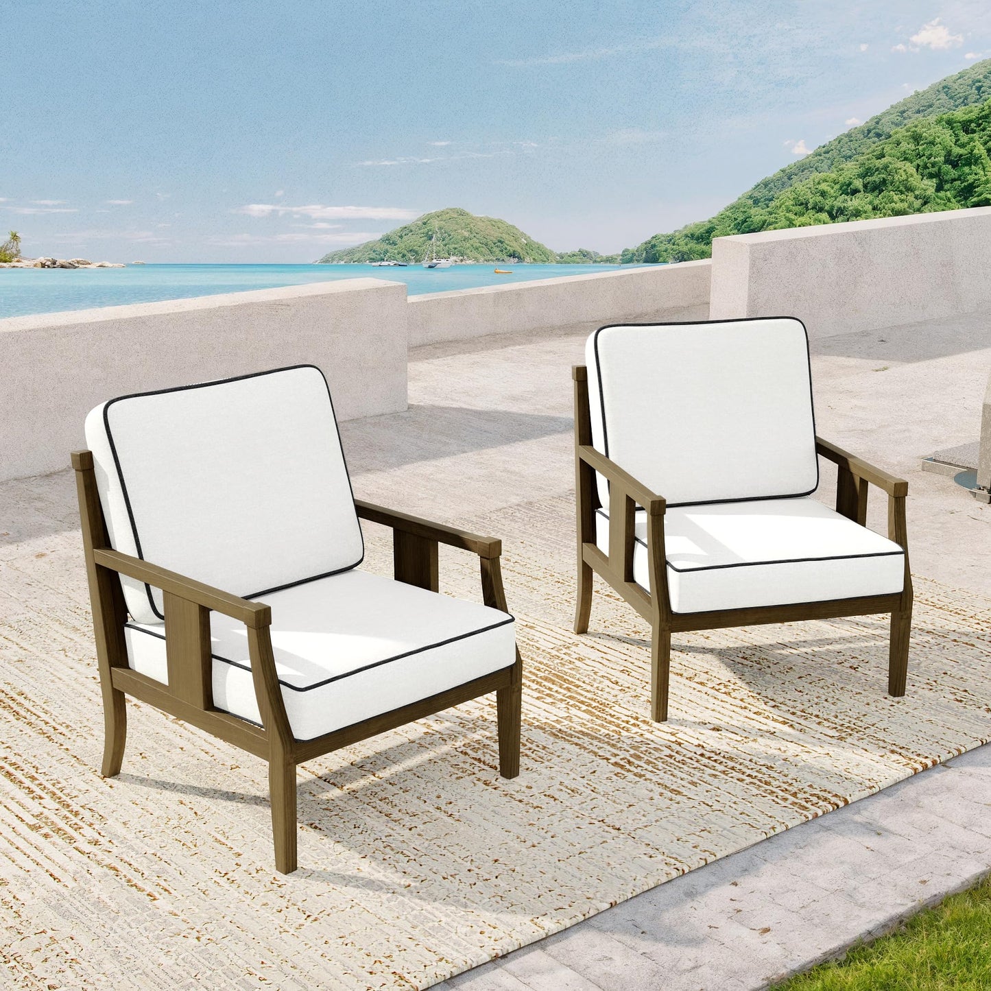 Outdoor Patio Armchairs Set of 2, All-Weather Solid Wood Patio Furniture Sets, Outdoor Sofa Chairs with Washable Thick Cushions for Porch, Balcony, Deck, Black Frame & Gray Cushion