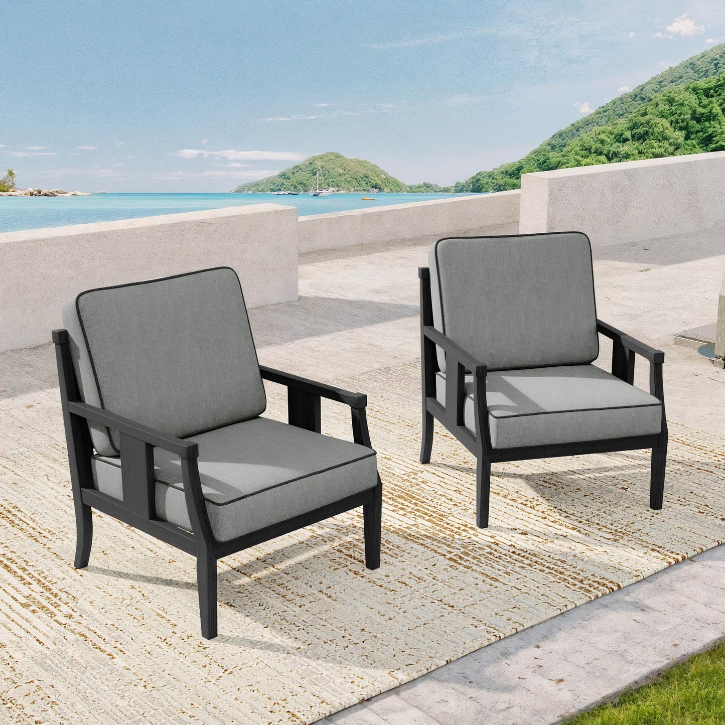 Outdoor Patio Armchairs Set of 2, All-Weather Solid Wood Patio Furniture Sets, Outdoor Sofa Chairs with Washable Thick Cushions for Porch, Balcony, Deck, Black Frame & Gray Cushion