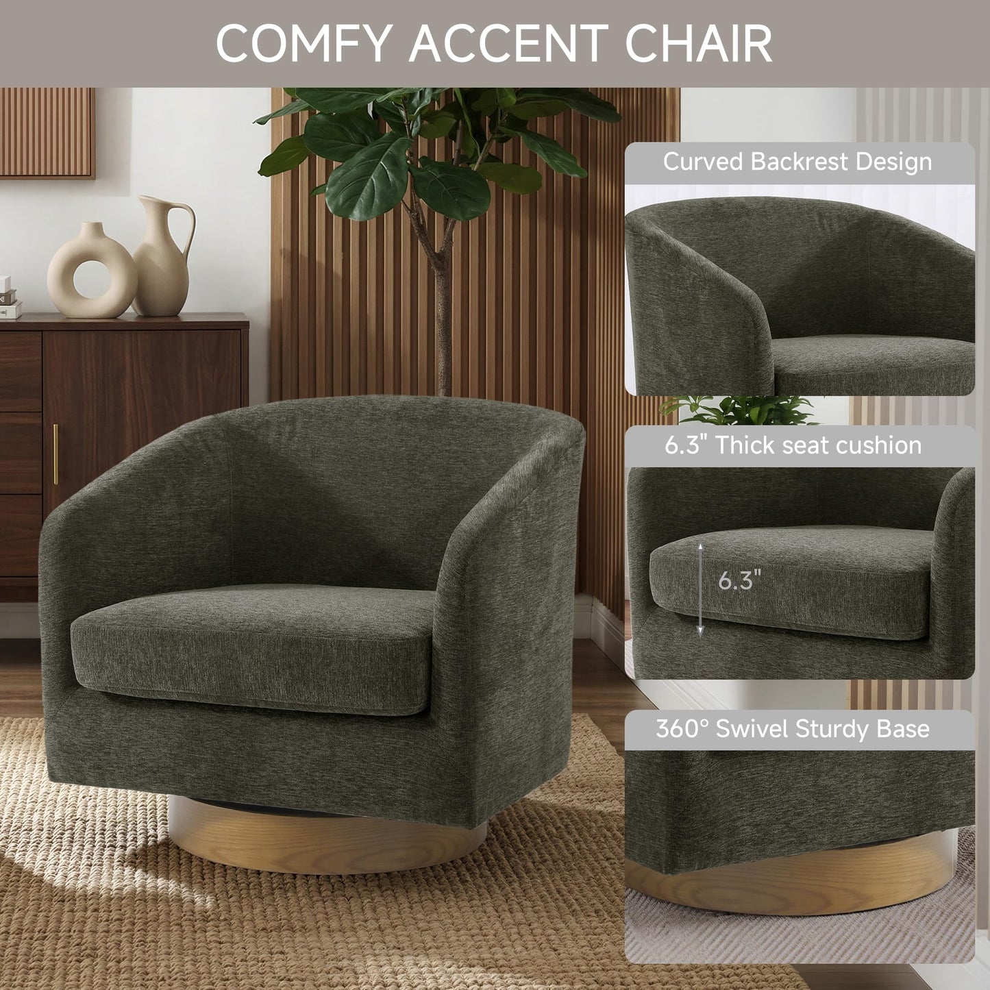 Swivel Barrel Chairs Set of 2, 31" W Modern Faux Leather Round Swivel Accent Chair for Living Room, 360° Rotation Upholstered Armchair Club Chair for Bedroom, Reading Room, Office (Brown)