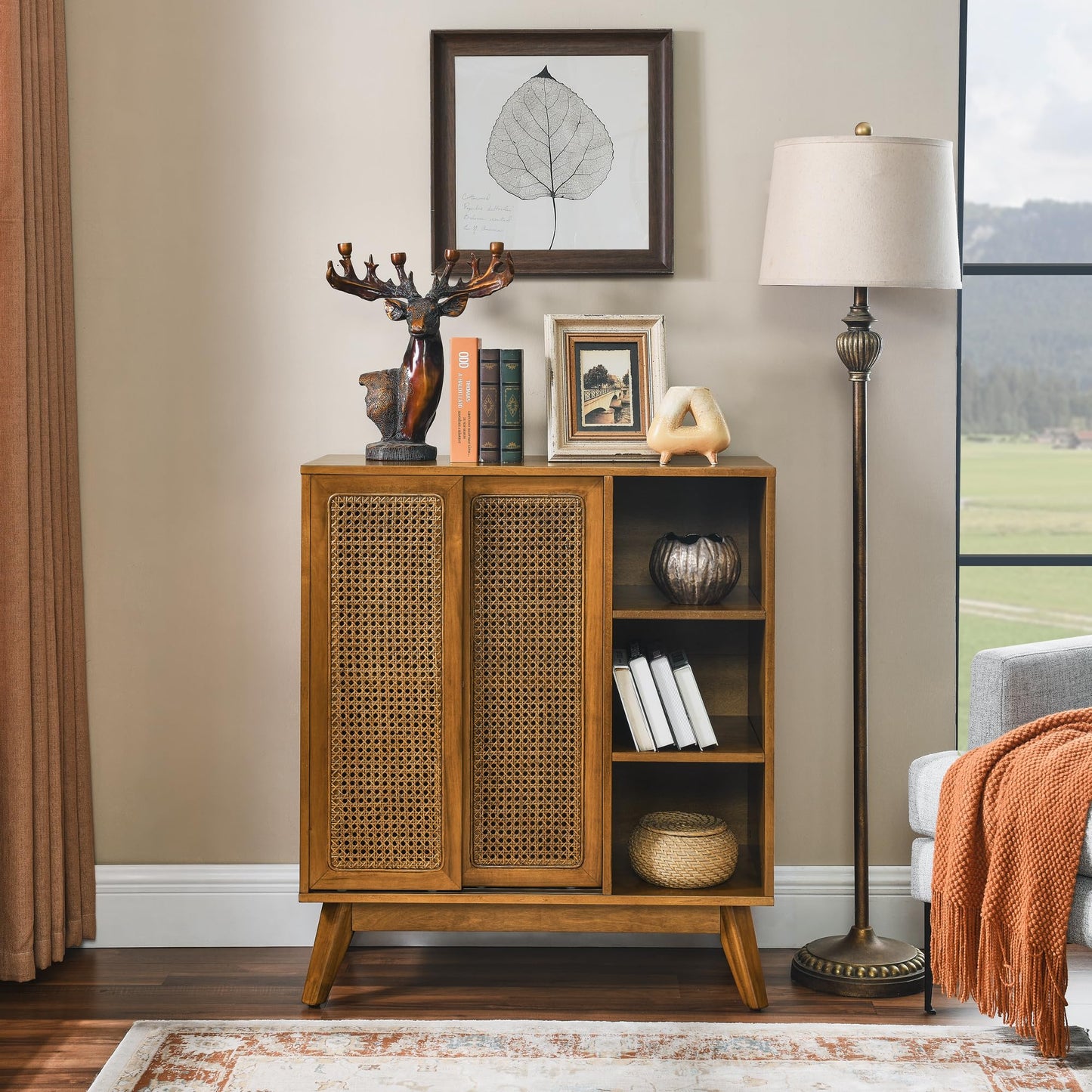 LKTART Mid Century Modern Storage Cabinet with Rattan Sliding Doors and Open Shelves, Boho Style Wooden Sideboard Buffet for Living Room,Dark Walnut