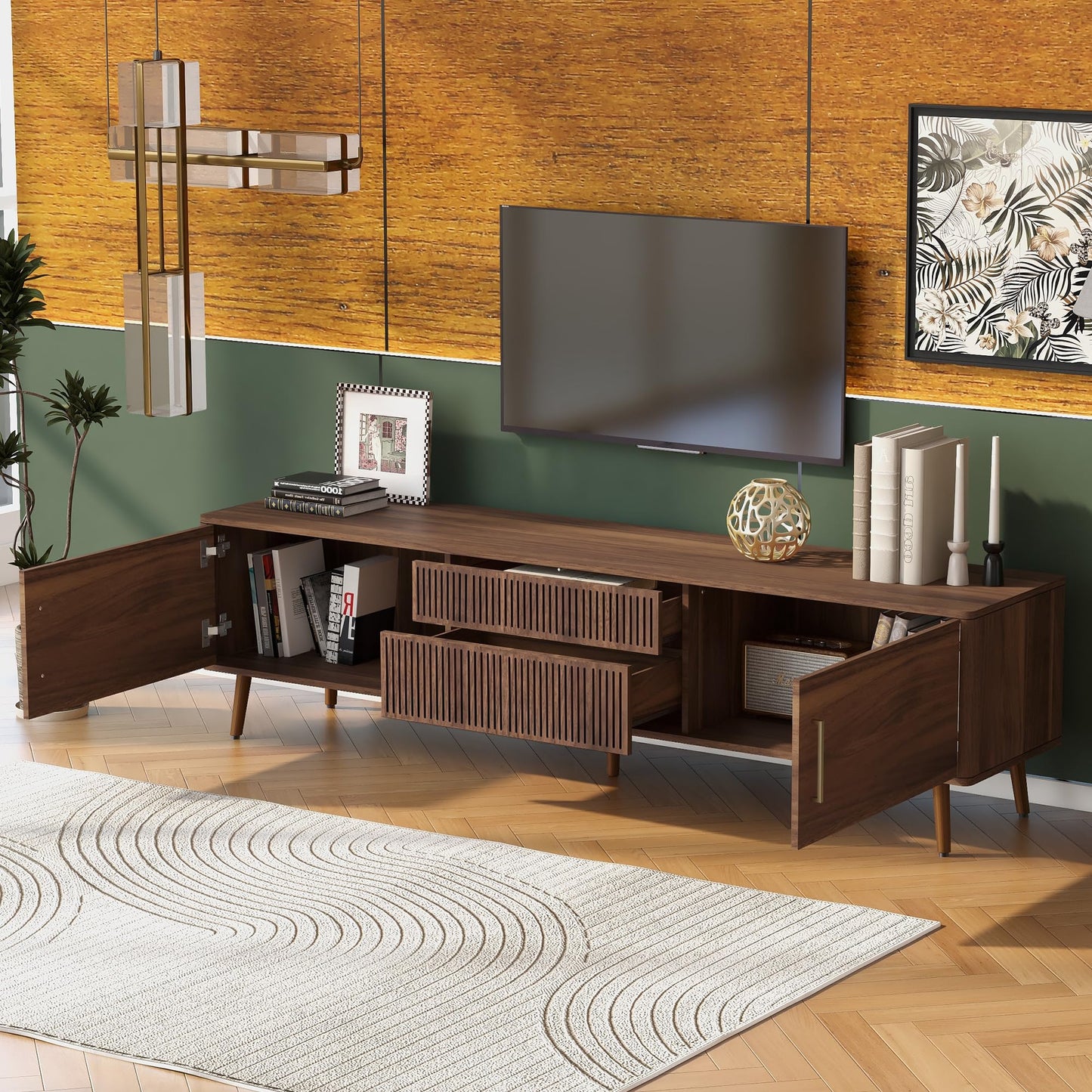 LKTART 67" Mid Century Modern TV Stand for 65/70/75/80" TVs,Entertainment Center with Sliding Doors and Drawers,Media Console for Living Room