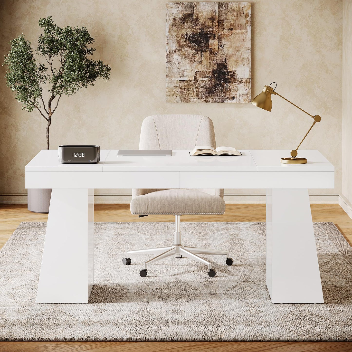 Tribesigns 55" Executive Desk, Wooden Office Desk with Double Pedestal, Modern Simple Computer Writing Table for Home Office, Light Brown