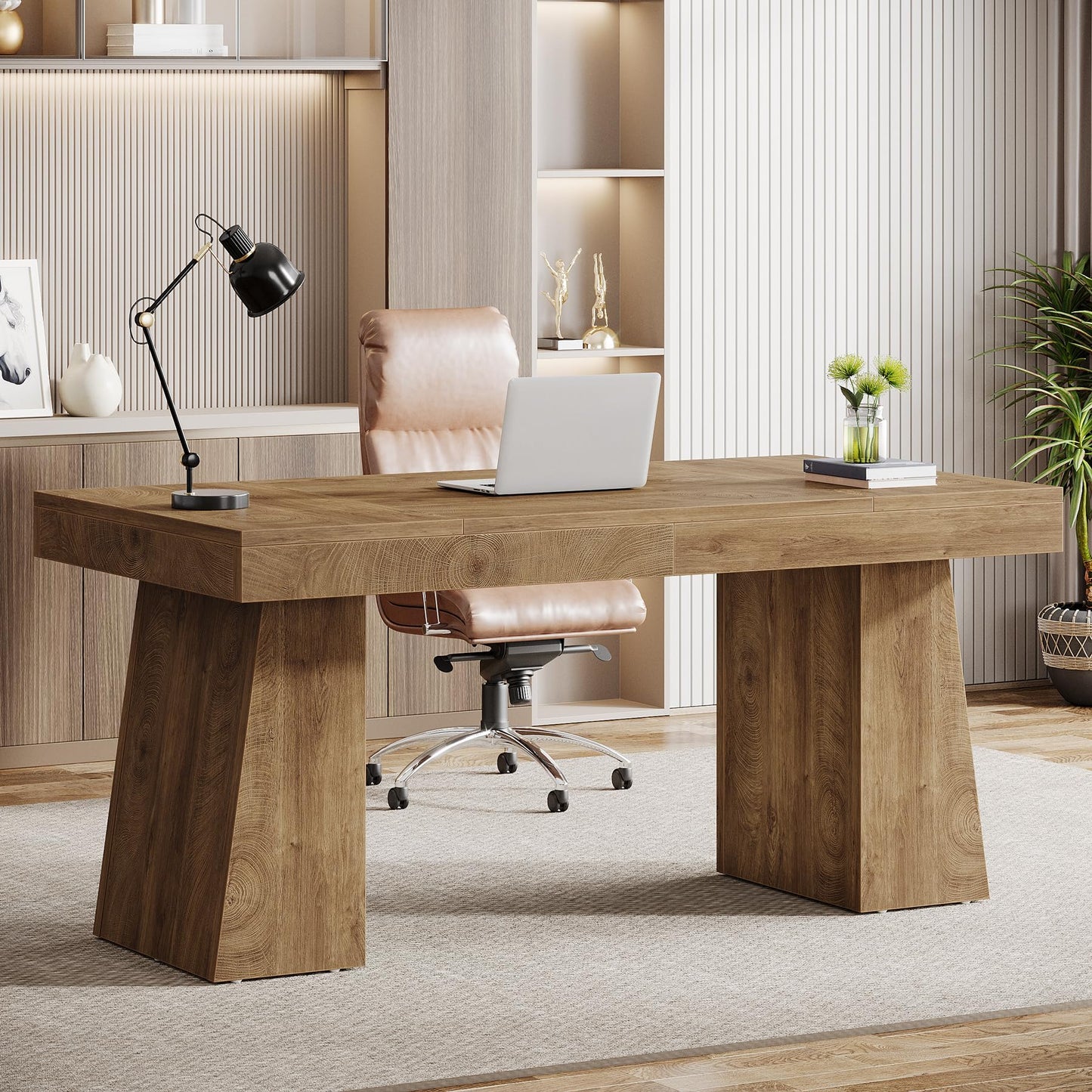 Tribesigns 55 Inches Executive Desk, Mid-Century Modern Home Office Desk, Wood MDF Computer Table Business Workstation Small Conference Table, Light Brown