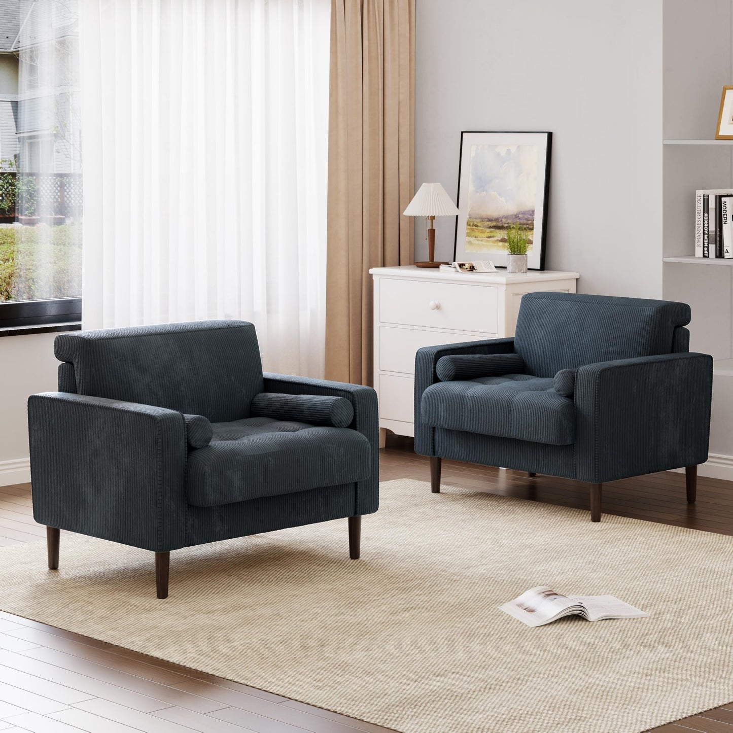 34.5" Arm Chair, Corduroy Fabric Modern Accent Chair, Comfy Upholstered Armchair Reading Chair with Solid Wood Legs for Living Room Bedroom Office, Yellow