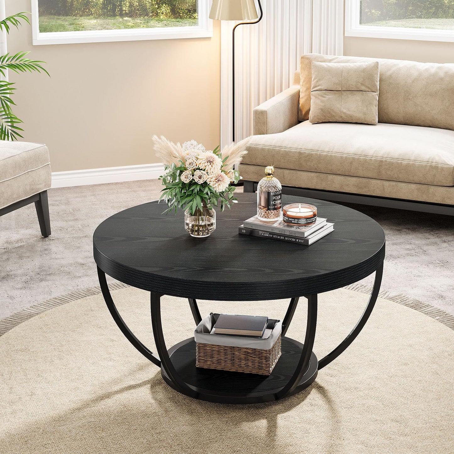 Tribesigns Round Coffee Table, 31.7" Wooden 2-Tier Circle Coffee Table with Storage Shelves, Modern Accent Cocktail Table Center Table for Living Room, Grey