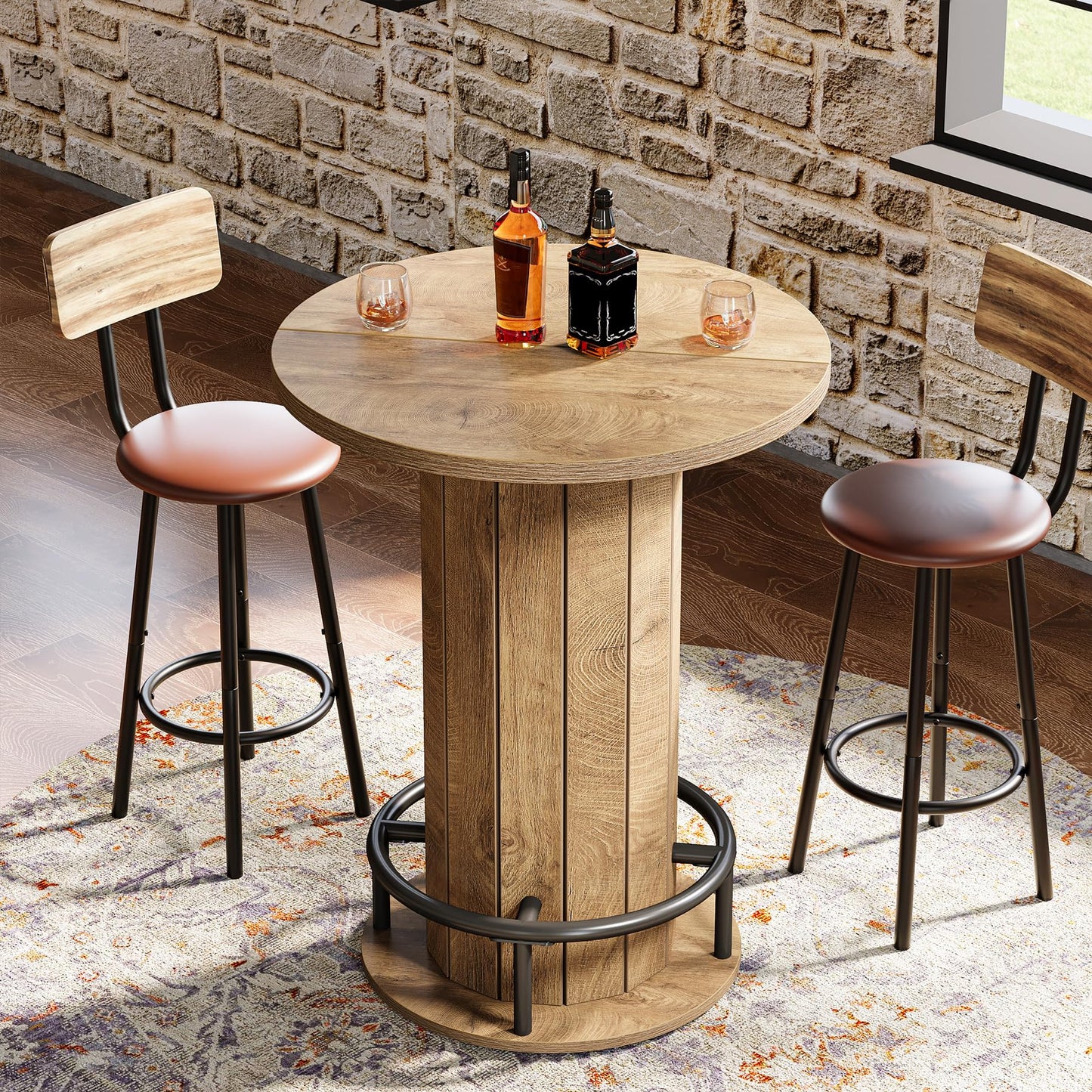 Tribesigns Round Bar Table, 39.4" H Wood Bistro Pub Table with Metal Ring Footrest for Dining Coffee Cocktail Living Room, Small Space, Black (Only Table)