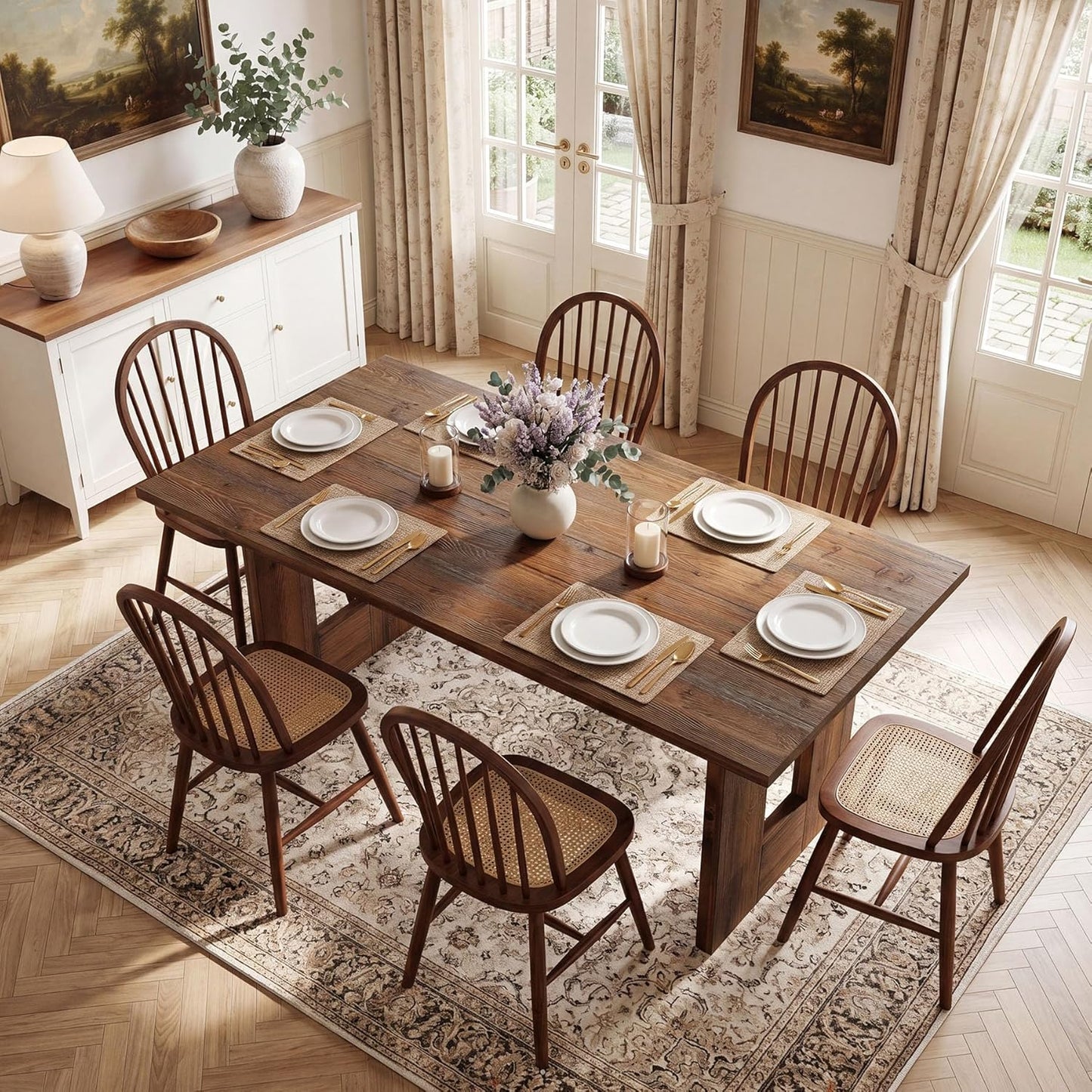 63" Solid Wood Dining Table for 4-6 People, Rustic Rectangular Wood Kitchen Table with Thick Top & Heavy-Duty Legs for Dining Room, Living Room, Rustic Brown