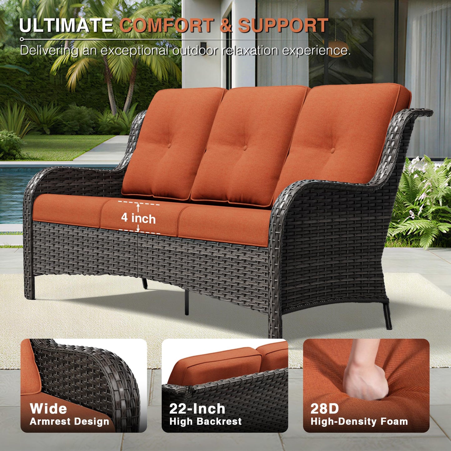 Joyside Outdoor Patio Couch, 3 Seater Outdoor Wicker Sofa with High Back, Deep Seating, Wide Armrest, Thickened Cushions, Patio Sofa for Deck, Porch Use