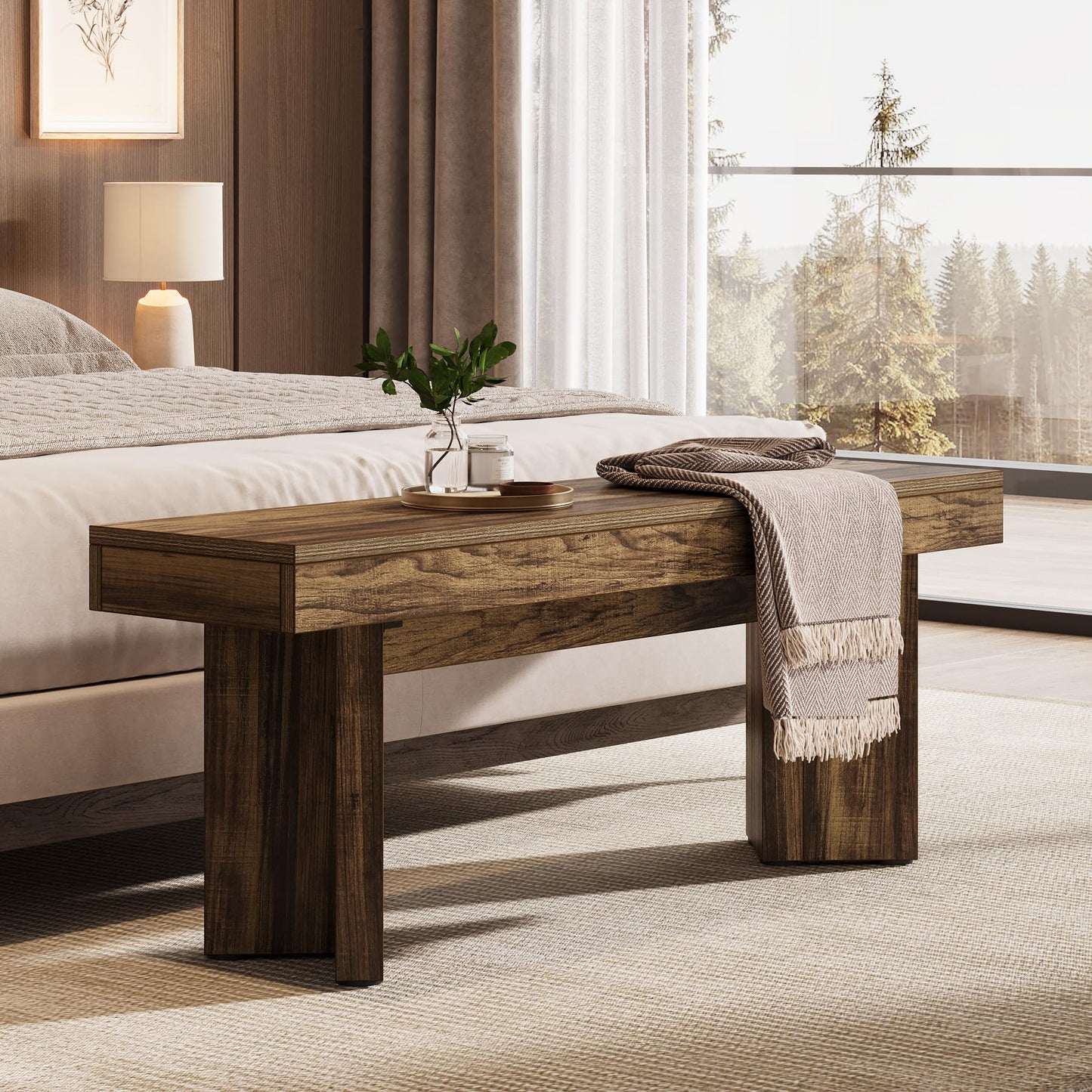 Tribesigns 47" Wooden Entryway Bench, Farmhouse Indoor End of Bed Bench, Long Table Benches Seat for Bedroom, Hallway, Foyer, End of Bed (Rustic Brown)