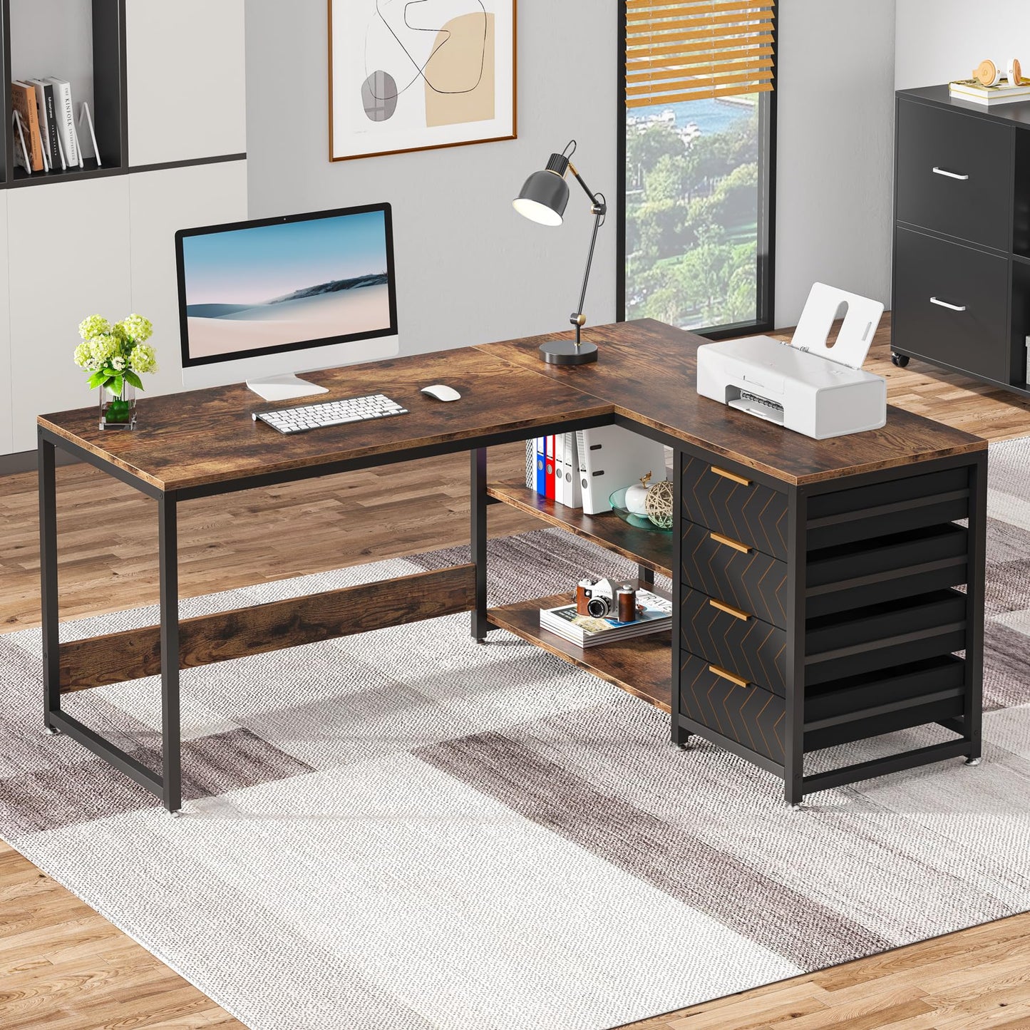 Tribesigns L Shaped Computer Desk with Storage Drawers, 59 inch Corner Desk with Shelves, Reversible L-Shaped Office Desk Study Writing Table Workstation for Home Office, Walnut & White