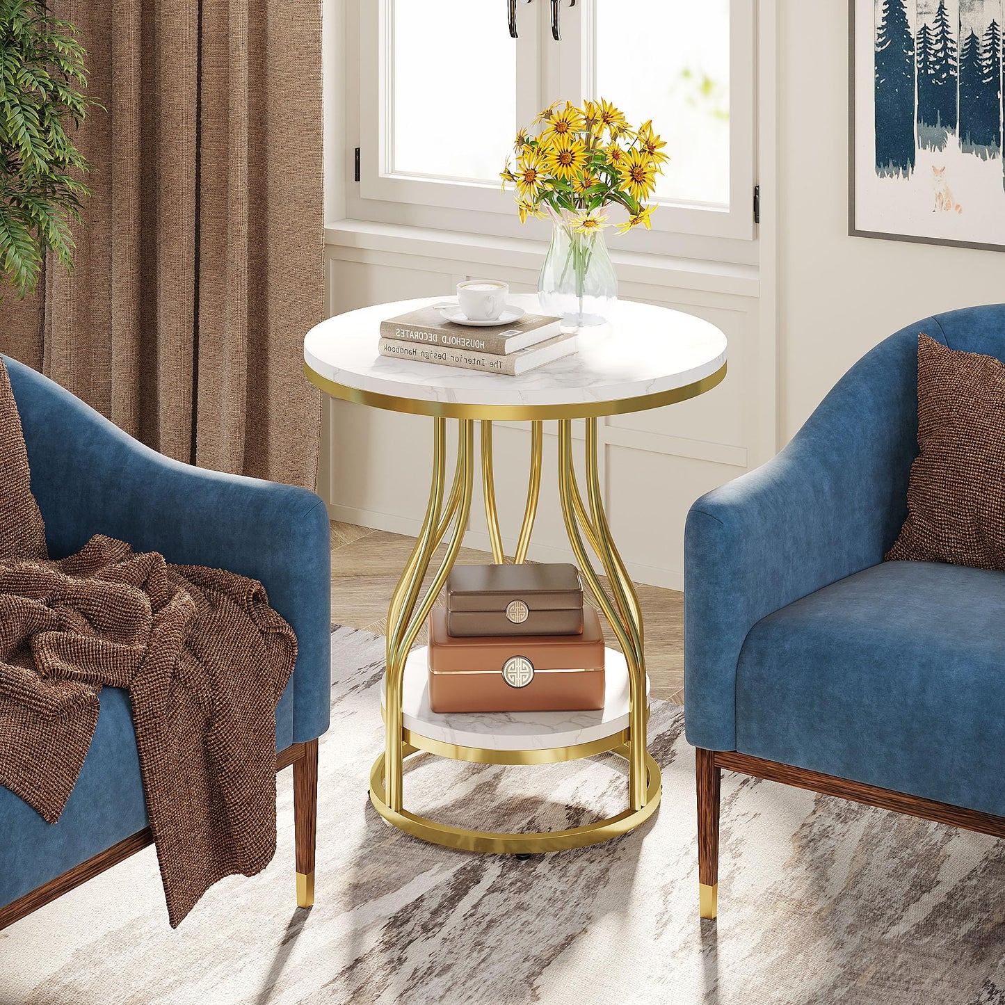 Tribesigns Round Side End Table 2-Tier End Tables Modern Bedside Table Small Chairside Tables with Storage for Couch Side, Nightstand with Metal Frame for Living Room (1, White+Gold)