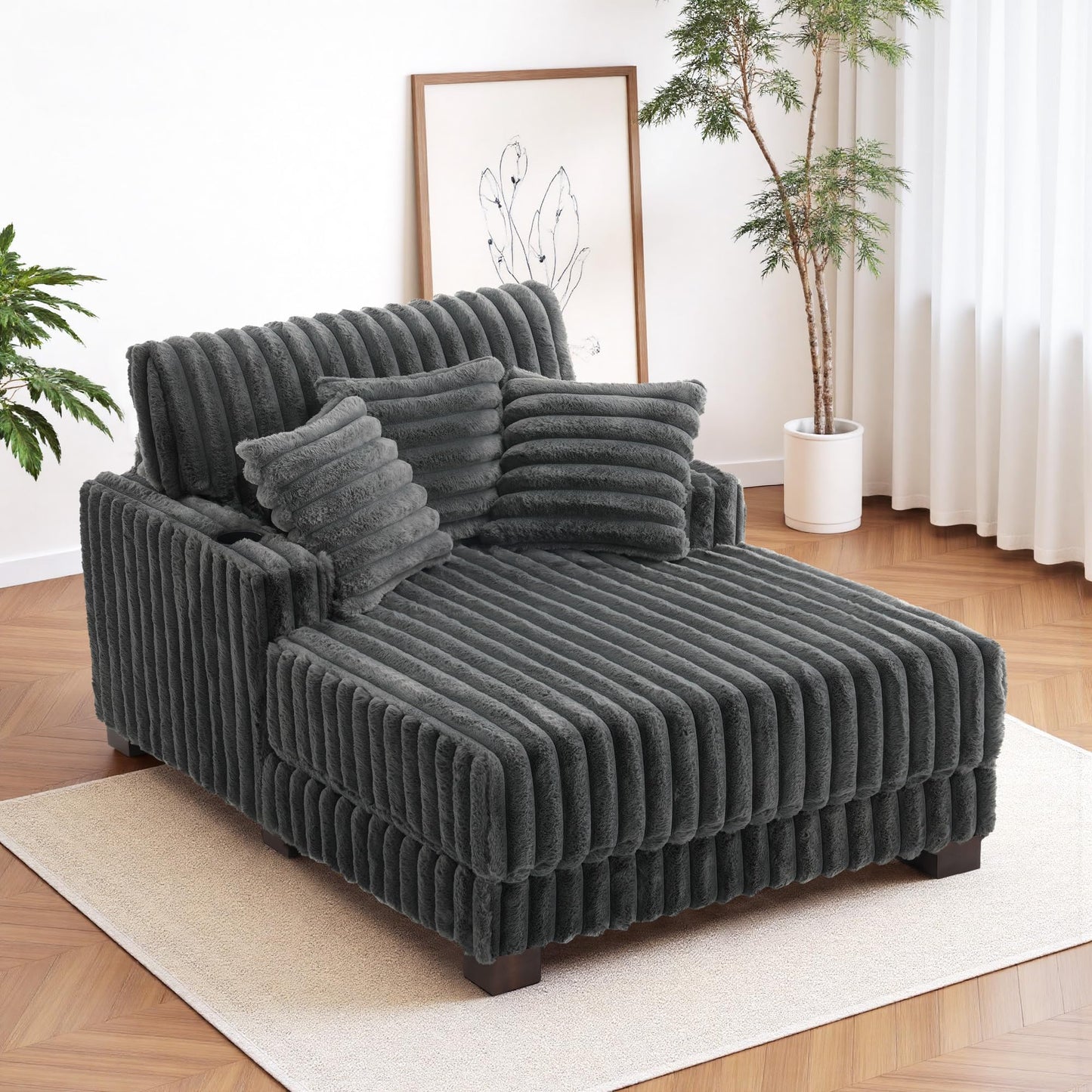 59" Chaise Lounge Chair Indoor, Upholstered Oversized Sleeper Sofa Bed Reading Chairs with 3 Soft Pillows & 2 Cup Holders, Comfy Cloud Deep Seat Sofa for Living Room Bedroom, Set of 2, Navy