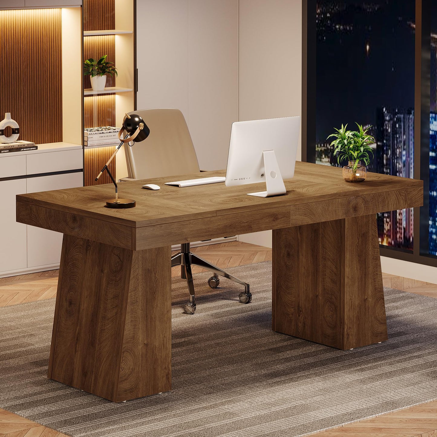 Tribesigns 55 Inches Executive Desk, Mid-Century Modern Home Office Desk, Wood MDF Computer Table Business Workstation Small Conference Table, Light Brown