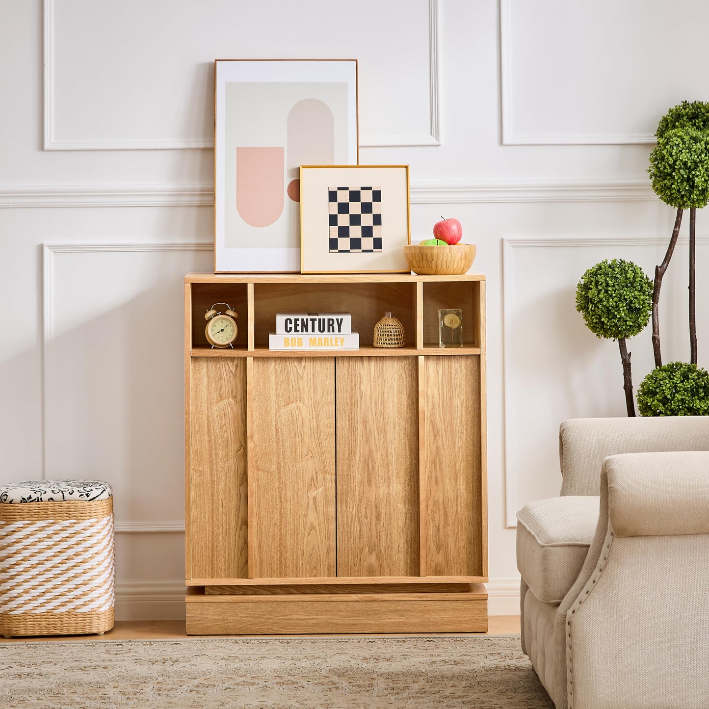 LKTART 63" Rattan Sideboard Buffet Cabinet,Kitchen Storage Cabinet,Wood Coffee Bars with 4 Doors & Open Storage Shelves,Mid Century Modern Credenza Console Table for Living Room,Walnut
