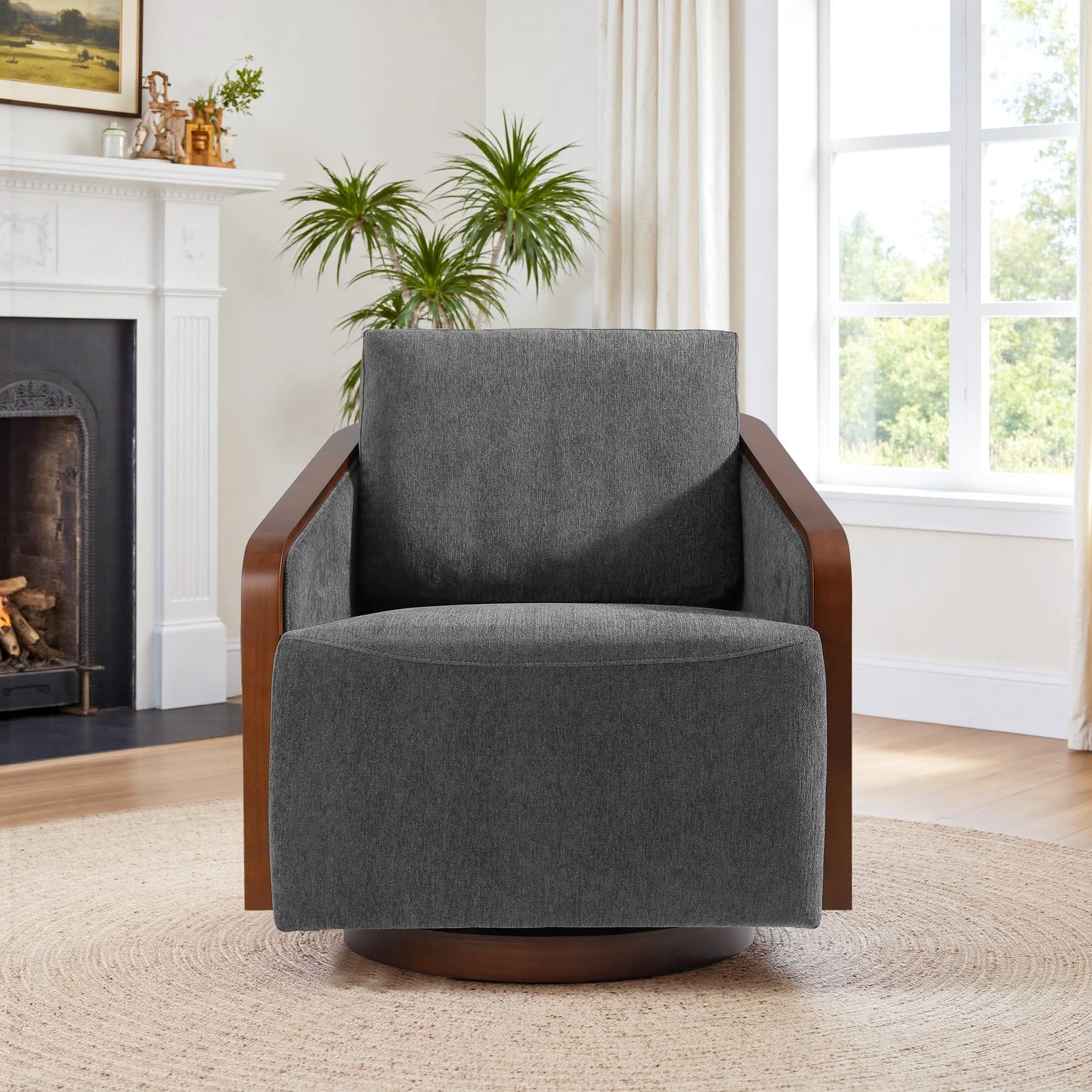 360° Swivel Barrel Chairs Set of 2, Upholstered Swivel Round Barrel Chair, Comfy Chenille Fabric Single Club Armchair Accent Chair for Living Room, Reading Room, Bedroom, Beige Brown