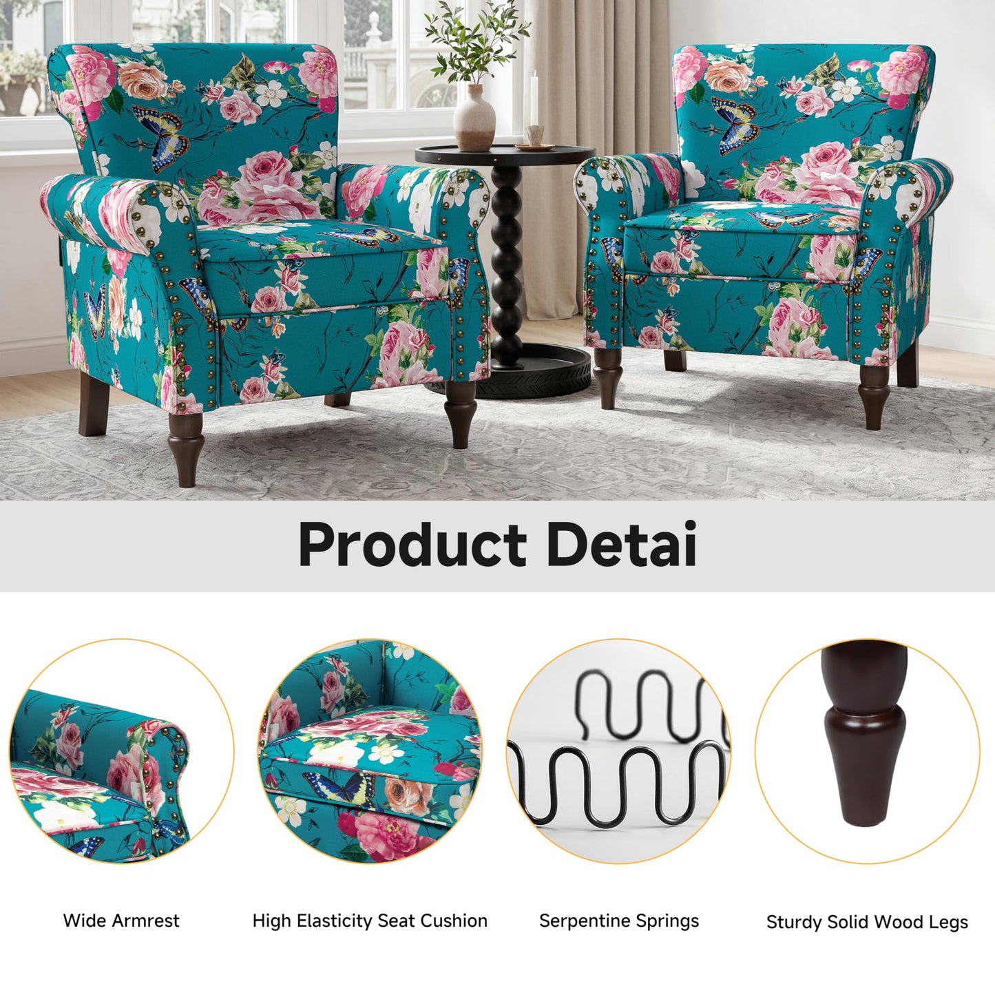 Wingback Accent Chairs Set of 2, Mid-Century Modern Upholstered Armchair Living Room Chair with Nailhead Trim & Rolled Armrest, Comfy Lounge Chair Single Sofa Chair for Bedroom, Light Blue