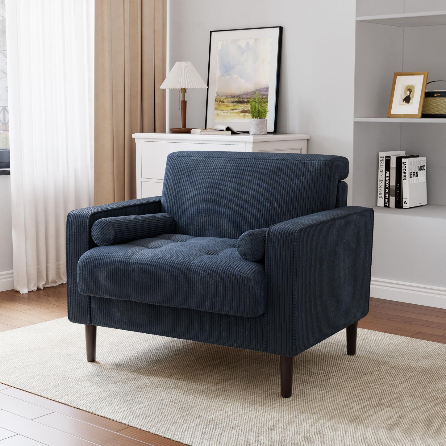 34.5" Arm Chair, Corduroy Fabric Modern Accent Chair, Comfy Upholstered Armchair Reading Chair with Solid Wood Legs for Living Room Bedroom Office, Yellow