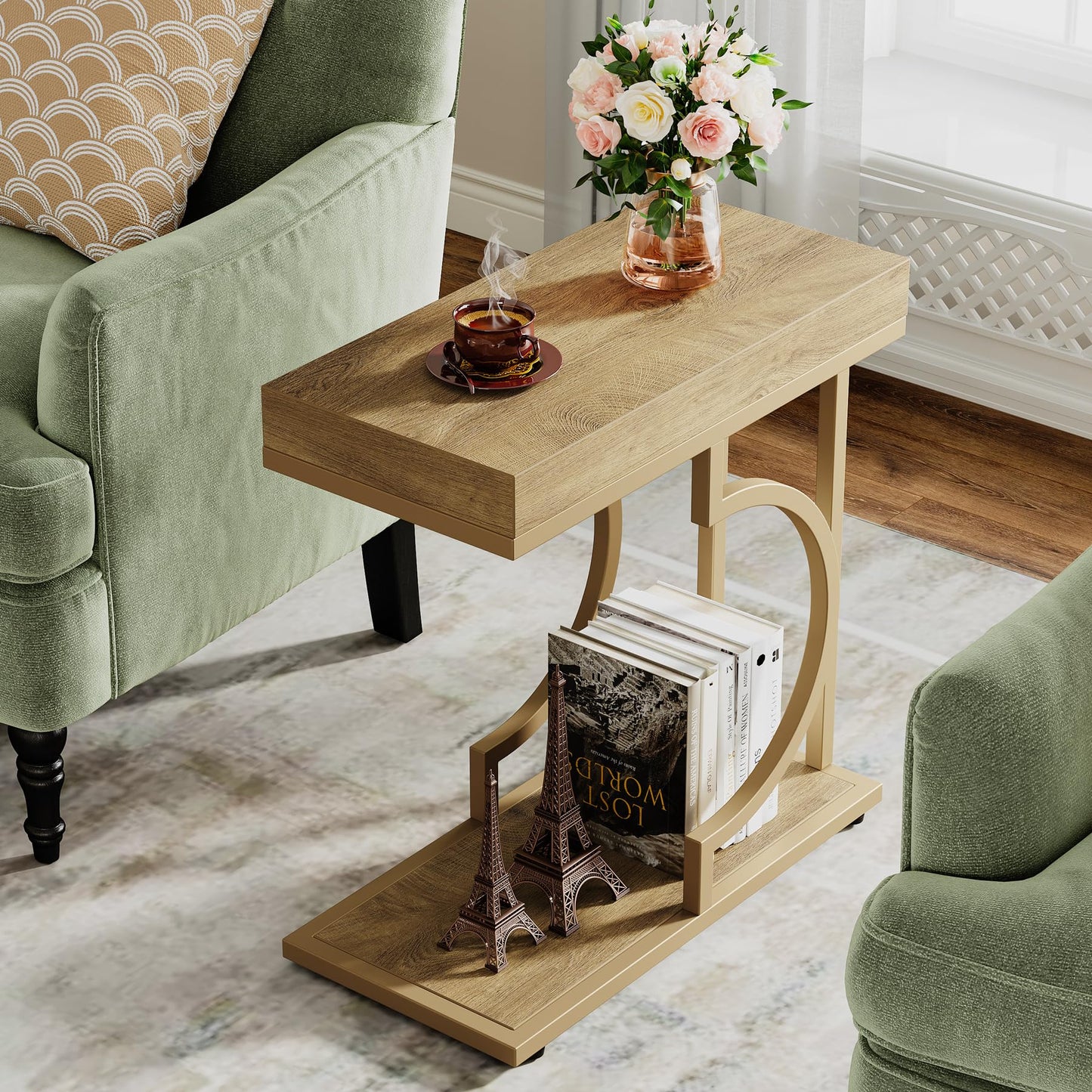 Tribesigns Narrow Side Table for Couch, C Shaped End Table with Metal Frame, Modern Bedside Tables, Small Sofa Tables for Small Spaces, Living Room (1, Brown+Black)