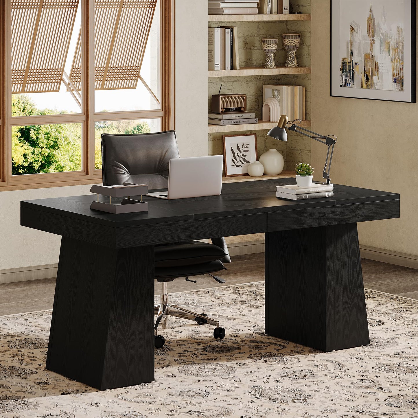 Tribesigns 55" Executive Desk, Wooden Office Desk with Double Pedestal, Modern Simple Computer Writing Table for Home Office, Light Brown