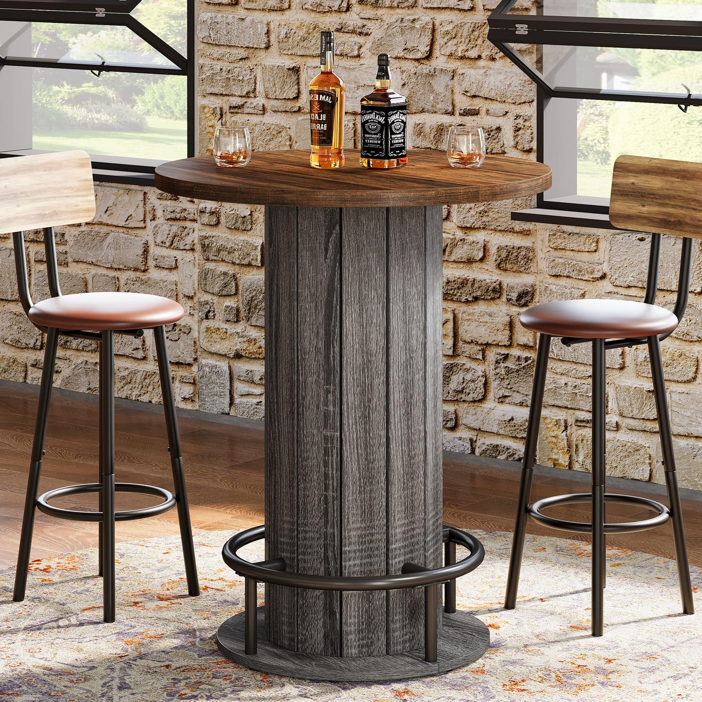Tribesigns Round Bar Table, 39.4" H Wood Bistro Pub Table with Metal Ring Footrest for Dining Coffee Cocktail Living Room, Small Space, Black (Only Table)