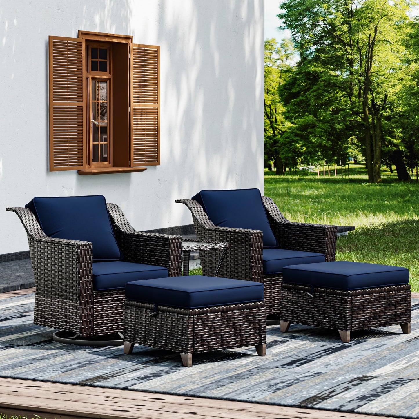 Joyside Patio Sofa - 3 Seater Rattan Sofa, All Weather High Back Sofa, Upgraded Large Size with 4inch Seat Cushions for Backyard, Garden, Poolside (Brown/Blue)