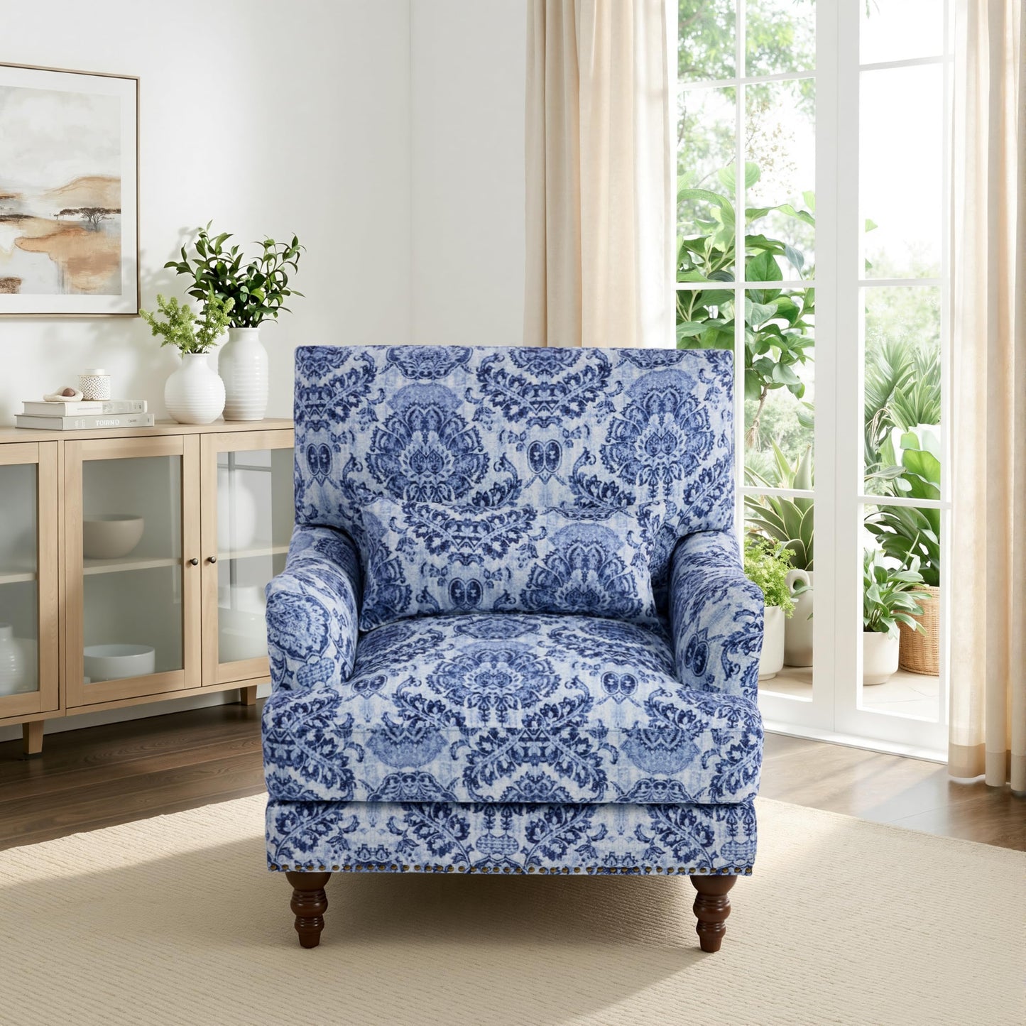Accent Chair for Living Room, Upholstered Armchair with Nailhead Trim & Solid Wood Legs, Mid Century Modern Club Chair for Bedroom/Reading Room, Rococo Green