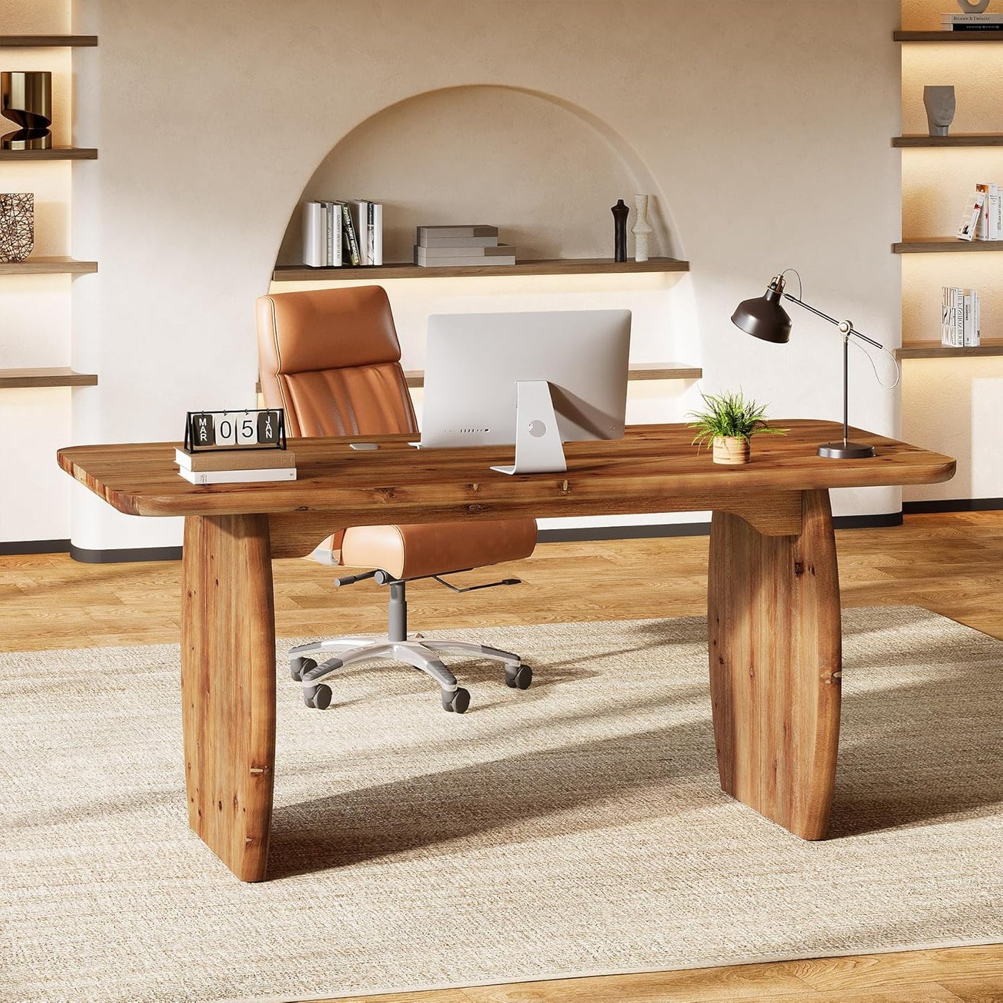 63-Inch Solid Wood Executive Desk, Large Office Computer Desk with Sturdy Wooden Legs, Farmhouse Writing Table Business Workstation for Home Office, Brown