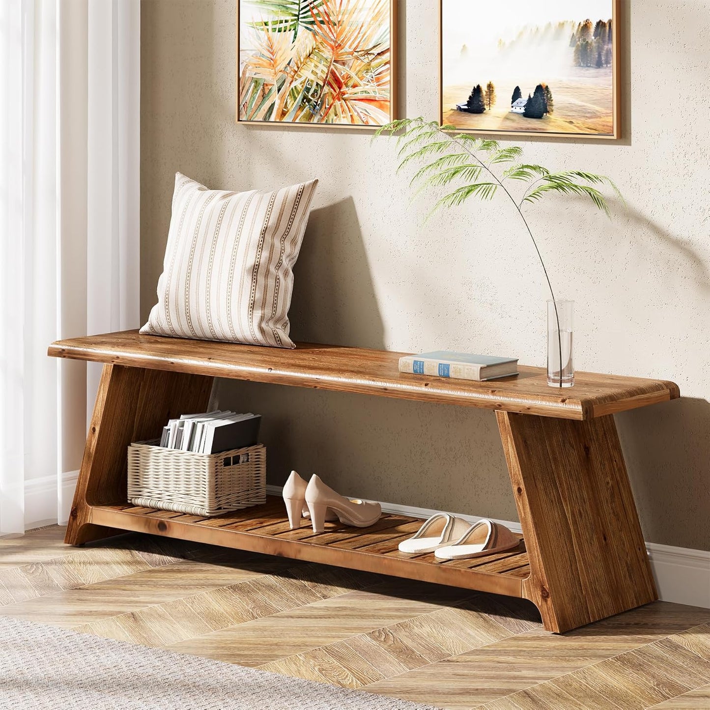 63-Inch Long Solid Wood Entryway Bench, Farmhouse Narrow Shoe Bench Seat, End of Bed with Storage for Entry, Hallway, Indoor, Living Room, Dark Walnut Brown