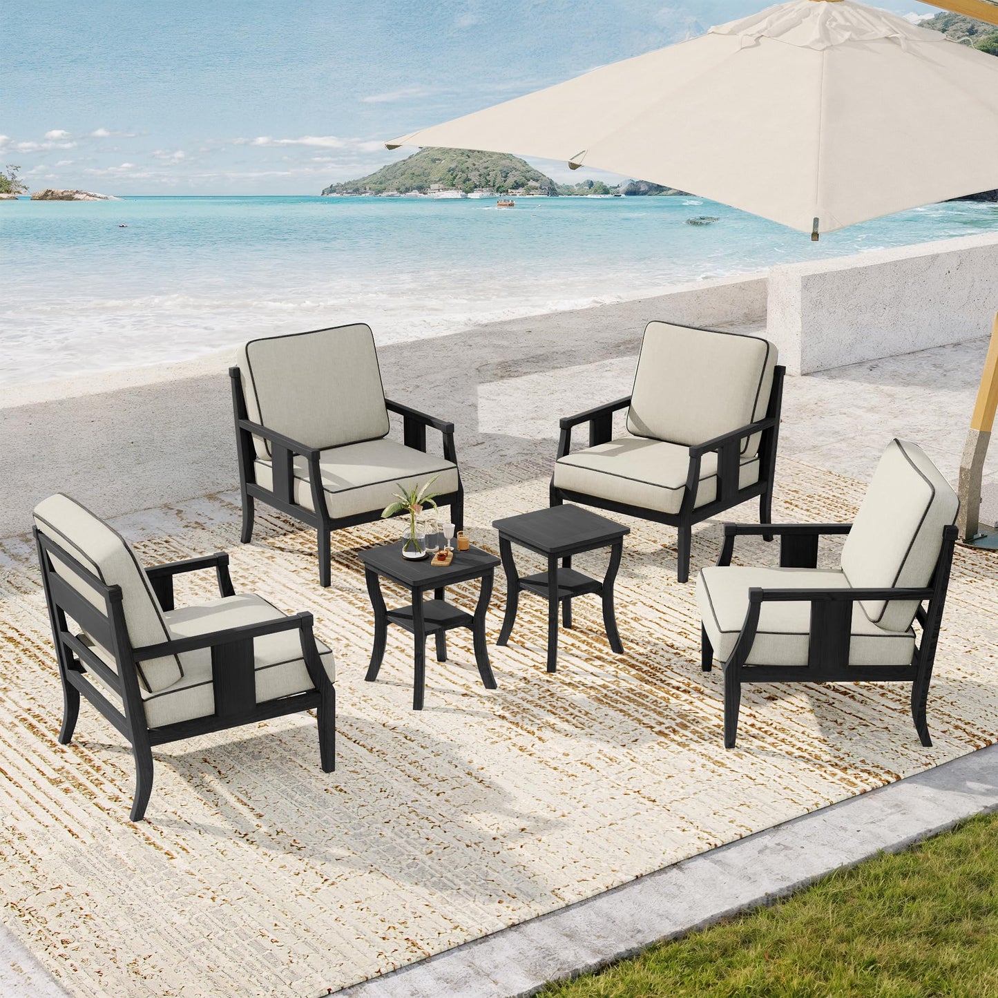 Outdoor Patio Armchairs Set of 2, All-Weather Solid Wood Patio Furniture Sets, Outdoor Sofa Chairs with Washable Thick Cushions for Porch, Balcony, Deck, Black Frame & Gray Cushion