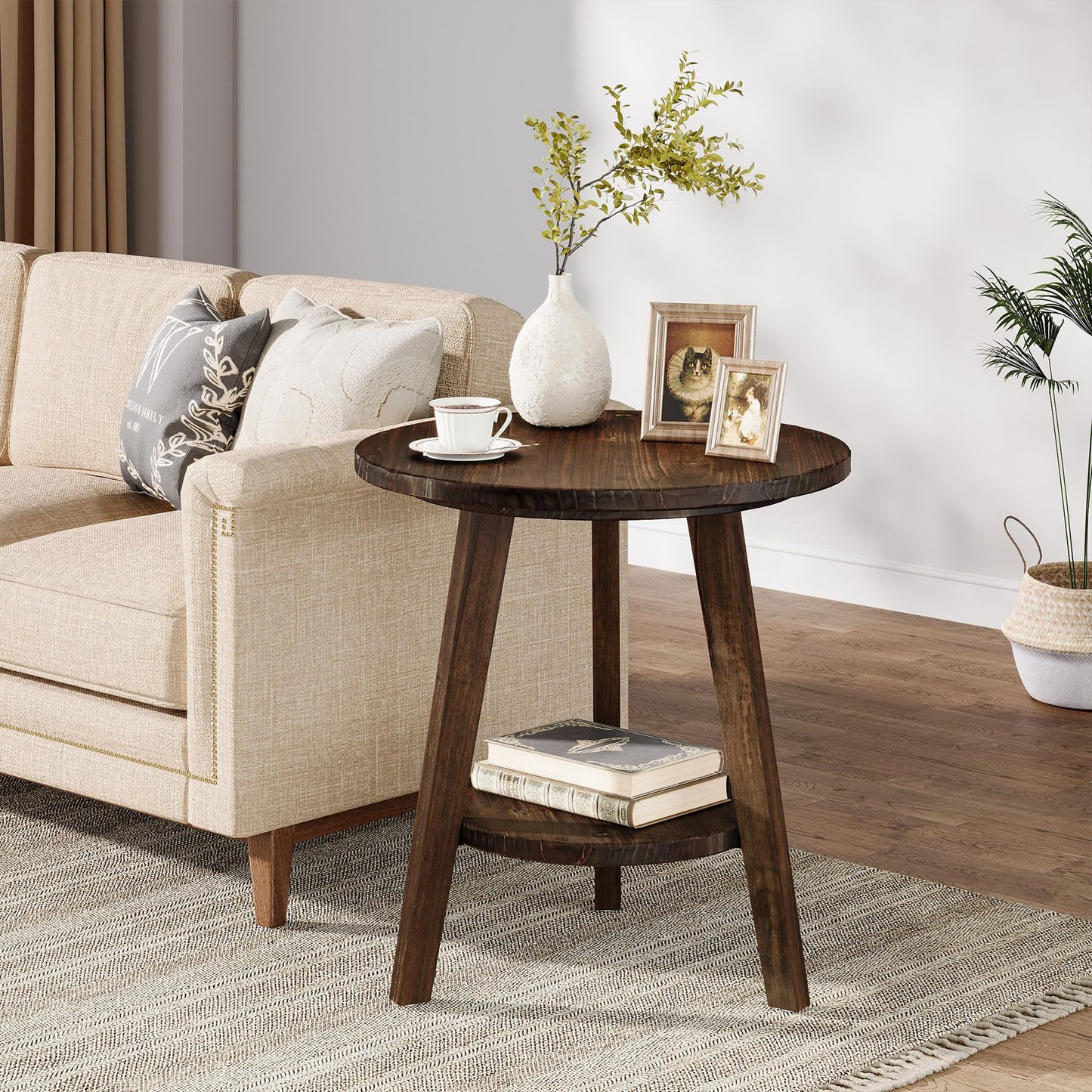 Solid Wood Round End Table, Sofa Side Table with Storage Shelf, Farmhouse Nightstand for Living Room, Bedroom, Easy Assembly (Dark Brown, 1 PC)