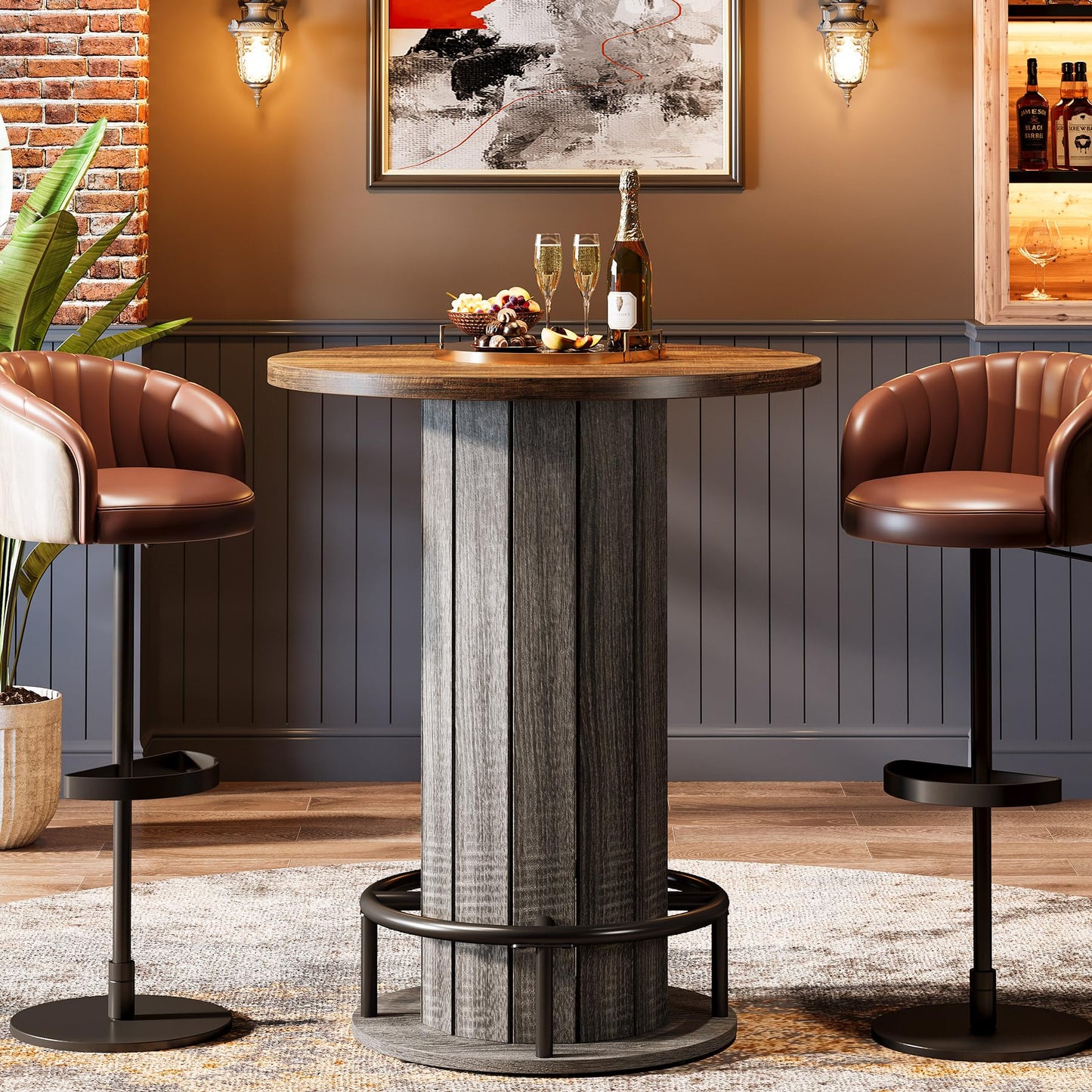 Tribesigns Round Bar Table, 39.4" H Wood Bistro Pub Table with Metal Ring Footrest for Dining Coffee Cocktail Living Room, Small Space, Black (Only Table)