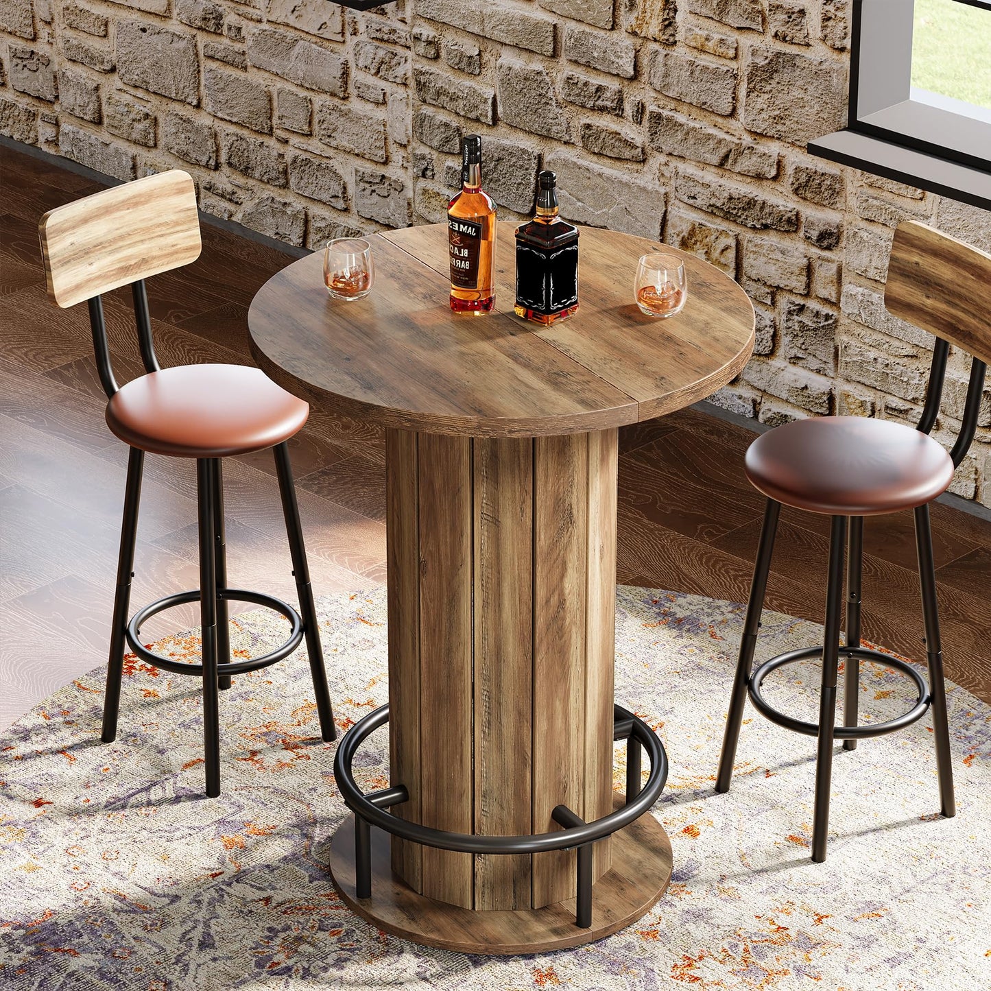 Tribesigns Round Bar Table, 39.4" H Wood Bistro Pub Table with Metal Ring Footrest for Dining Coffee Cocktail Living Room, Small Space, Black (Only Table)