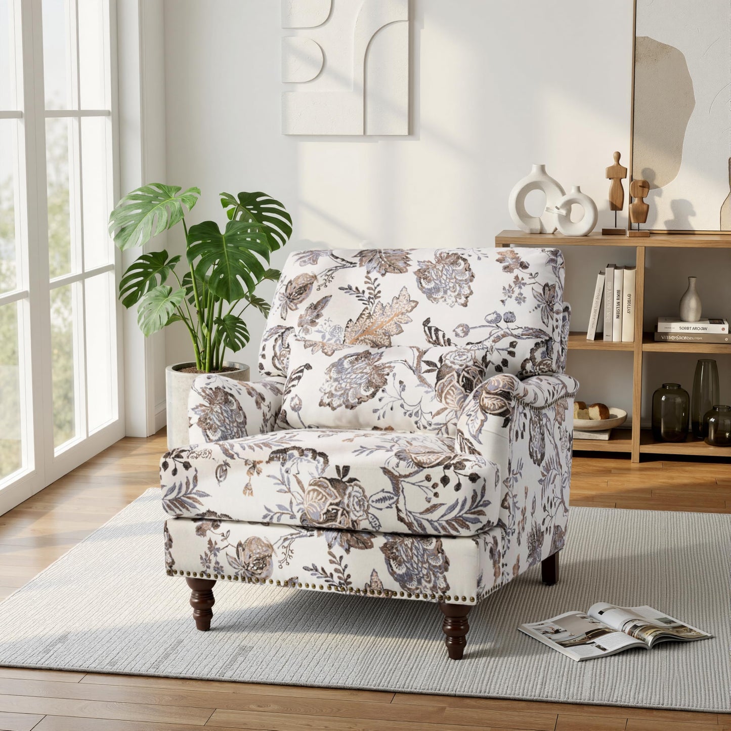 Accent Chair for Living Room, Upholstered Armchair with Nailhead Trim & Solid Wood Legs, Mid Century Modern Club Chair for Bedroom/Reading Room, Rococo Green