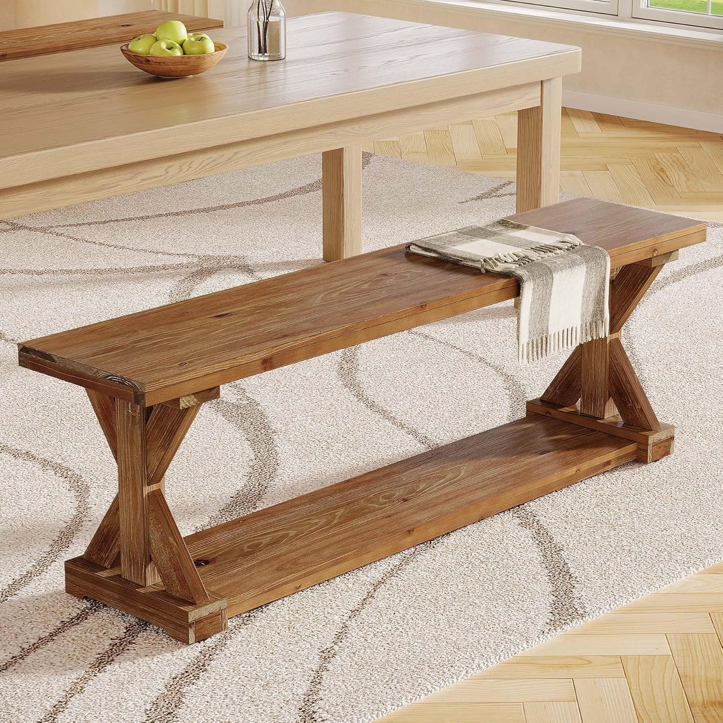 59-Inch Solid Wood Dining Bench, Modern Rustic Bench for Dining Table, 2-Tier Wooden Storage Seat for Dinner Room, Kitchen, Living Room & Hallway, Brown