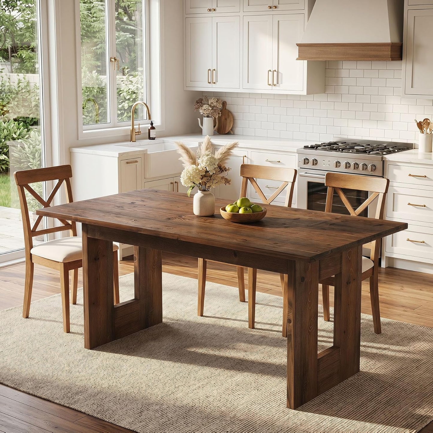 63" Solid Wood Dining Table for 4-6 People, Rustic Rectangular Wood Kitchen Table with Thick Top & Heavy-Duty Legs for Dining Room, Living Room, Rustic Brown