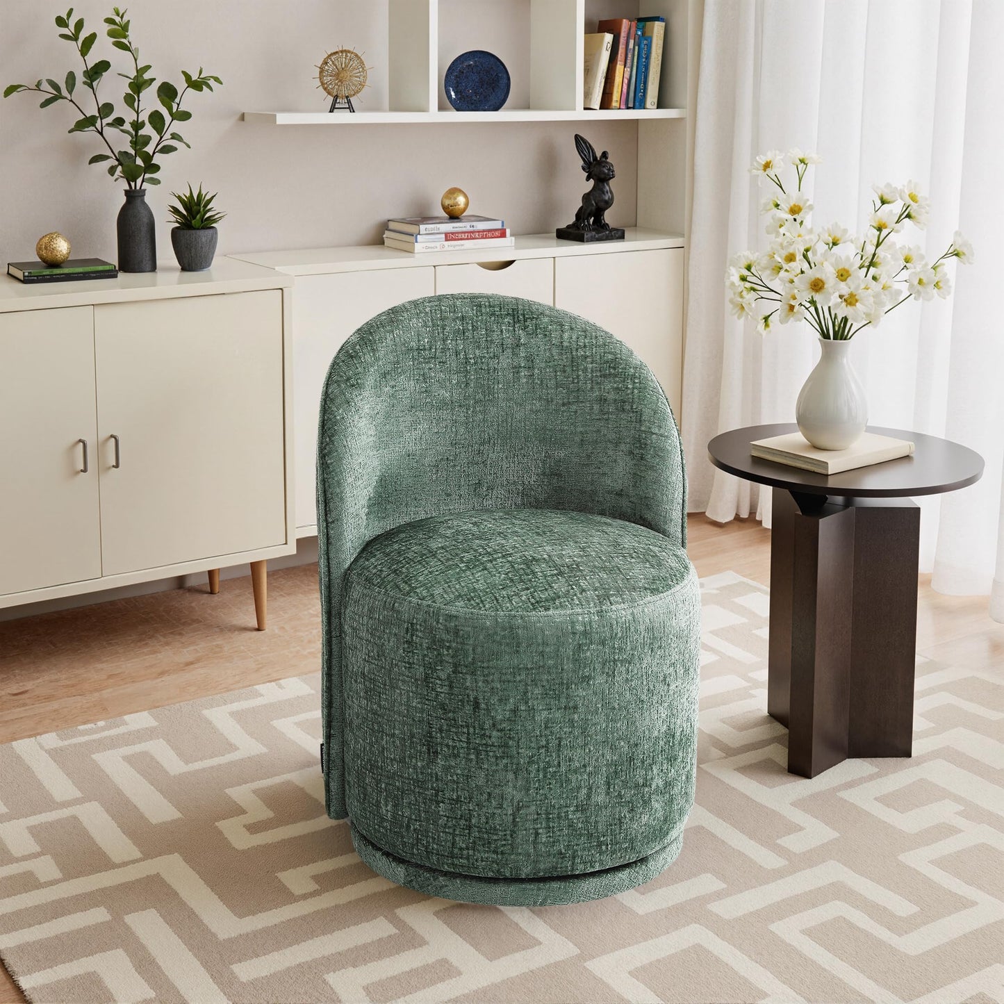 Swivel Barrel Dining Chairs Set of 2, Faux Leather Upholstered Round Dining Chairs, 360° Swivel Vanity Chair Comfy Armless Accent Makeup Chair for Dining/Living Room Makeup Room, Brown