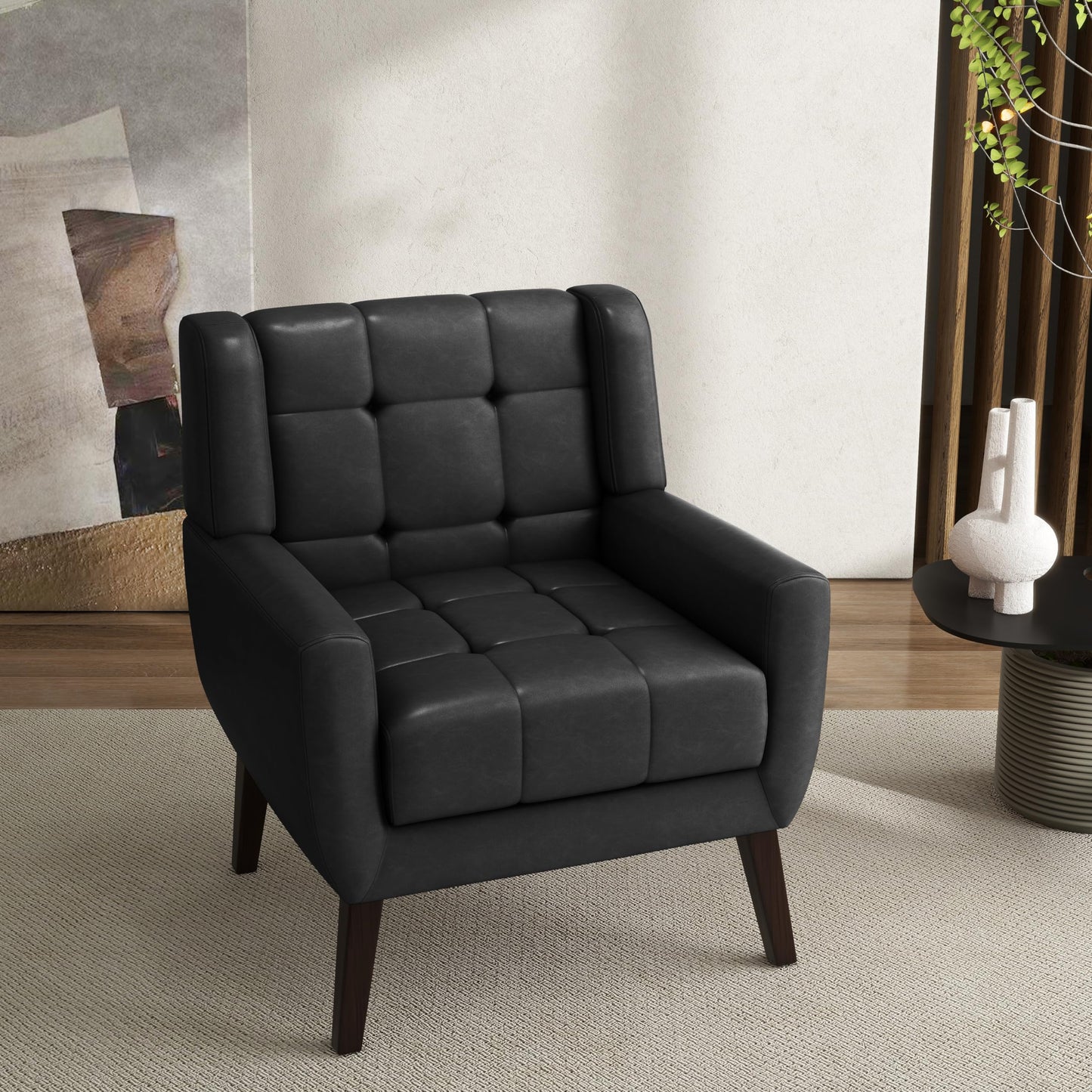 Faux Leather Accent Chairs Set of 2, Mid-Century Modern Upholstered Armchair, Comfy Living Room Chairs Reading Chairs with Button Tufted Back & Solid Wood Legs for Bedroom, Office, Black