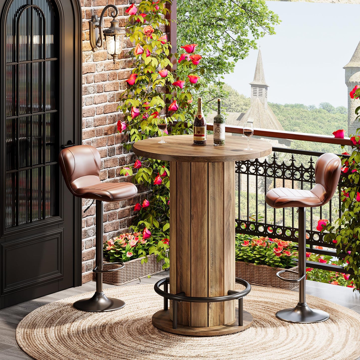 Tribesigns Round Bar Table, 39.4" H Wood Bistro Pub Table with Metal Ring Footrest for Dining Coffee Cocktail Living Room, Small Space, Black (Only Table)