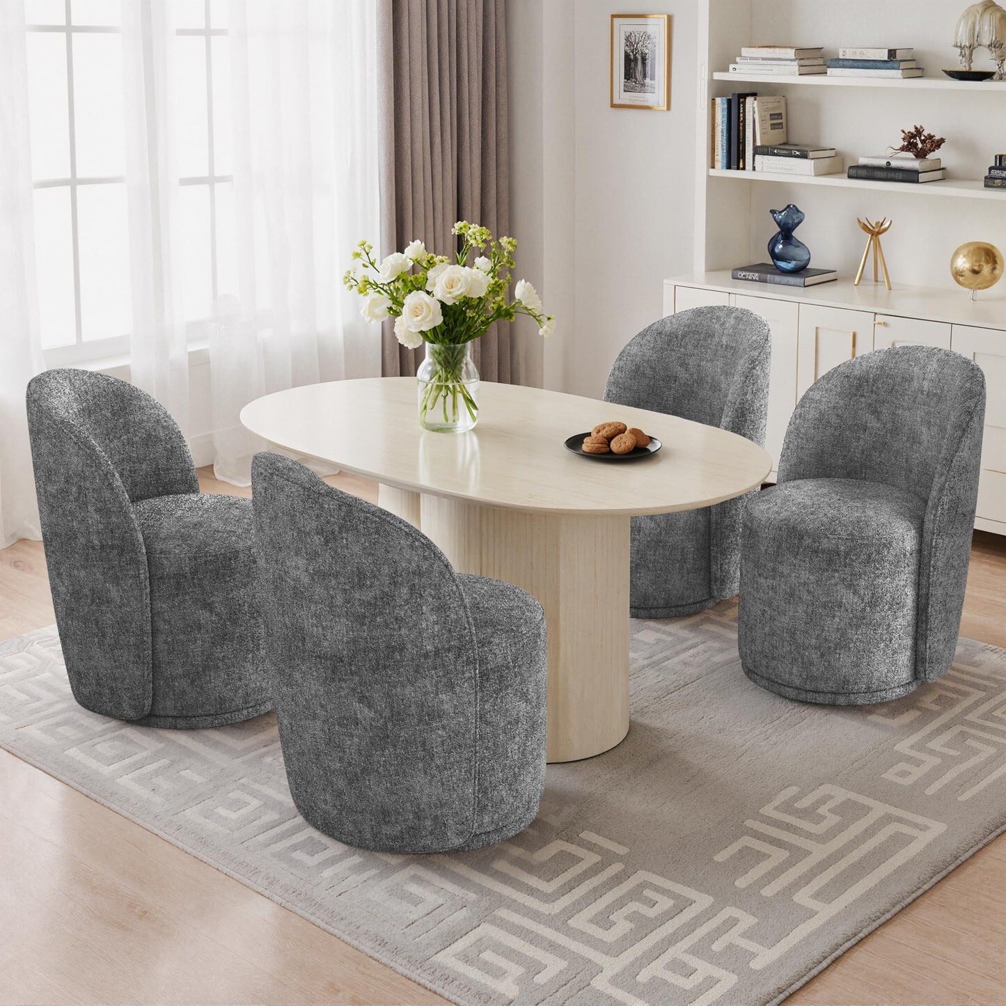 Swivel Barrel Dining Chairs Set of 2, Faux Leather Upholstered Round Dining Chairs, 360° Swivel Vanity Chair Comfy Armless Accent Makeup Chair for Dining/Living Room Makeup Room, Brown