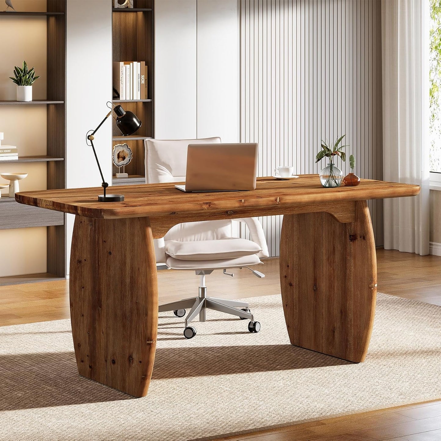 63-Inch Solid Wood Executive Desk, Large Office Computer Desk with Sturdy Wooden Legs, Farmhouse Writing Table Business Workstation for Home Office, Brown