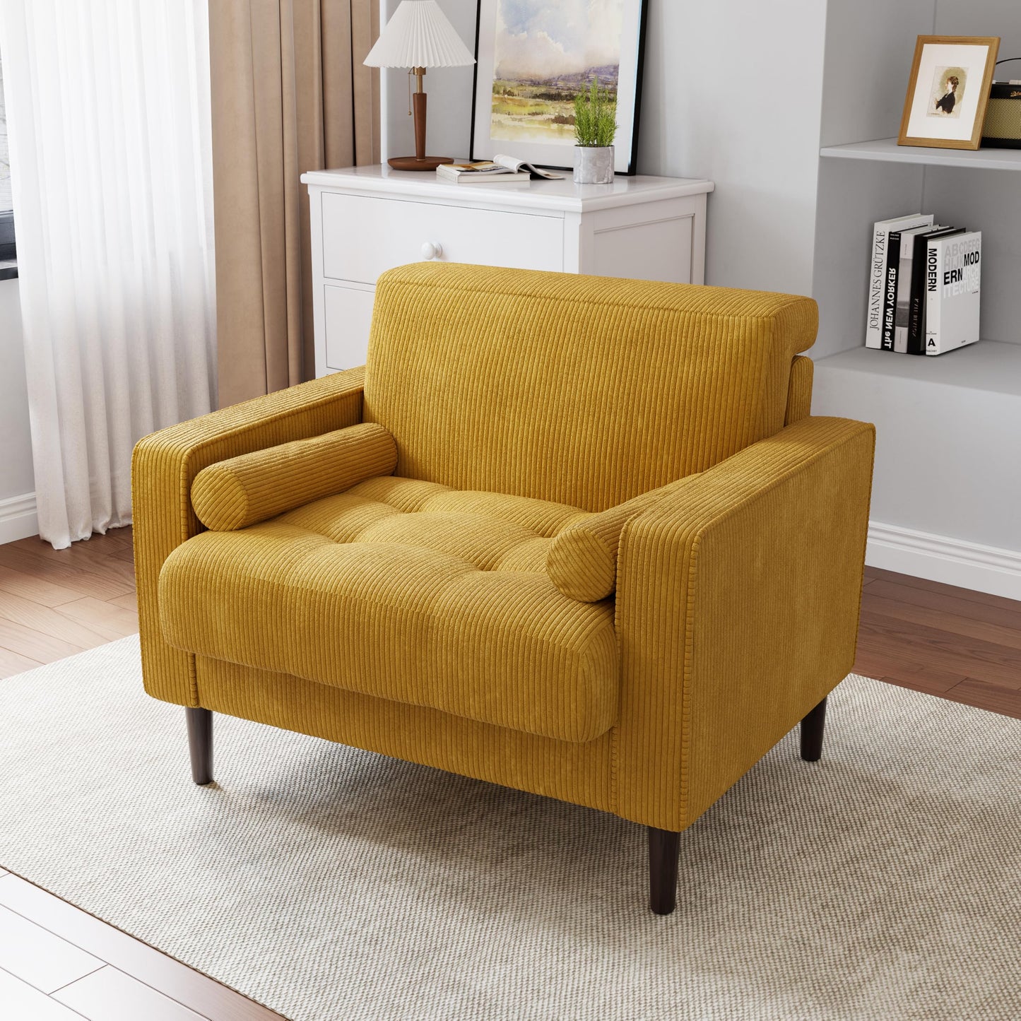34.5" Arm Chair, Corduroy Fabric Modern Accent Chair, Comfy Upholstered Armchair Reading Chair with Solid Wood Legs for Living Room Bedroom Office, Yellow