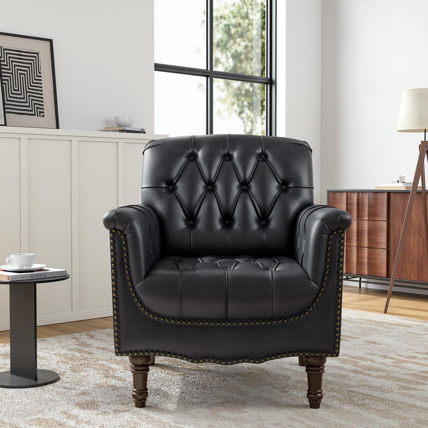 Faux Leather Club Chair, Retro Upholstered Armchair Accent Chair with Solid Wood Legs & Nailhead Trim for Living Room, Bedroom, Reading Room, Camel