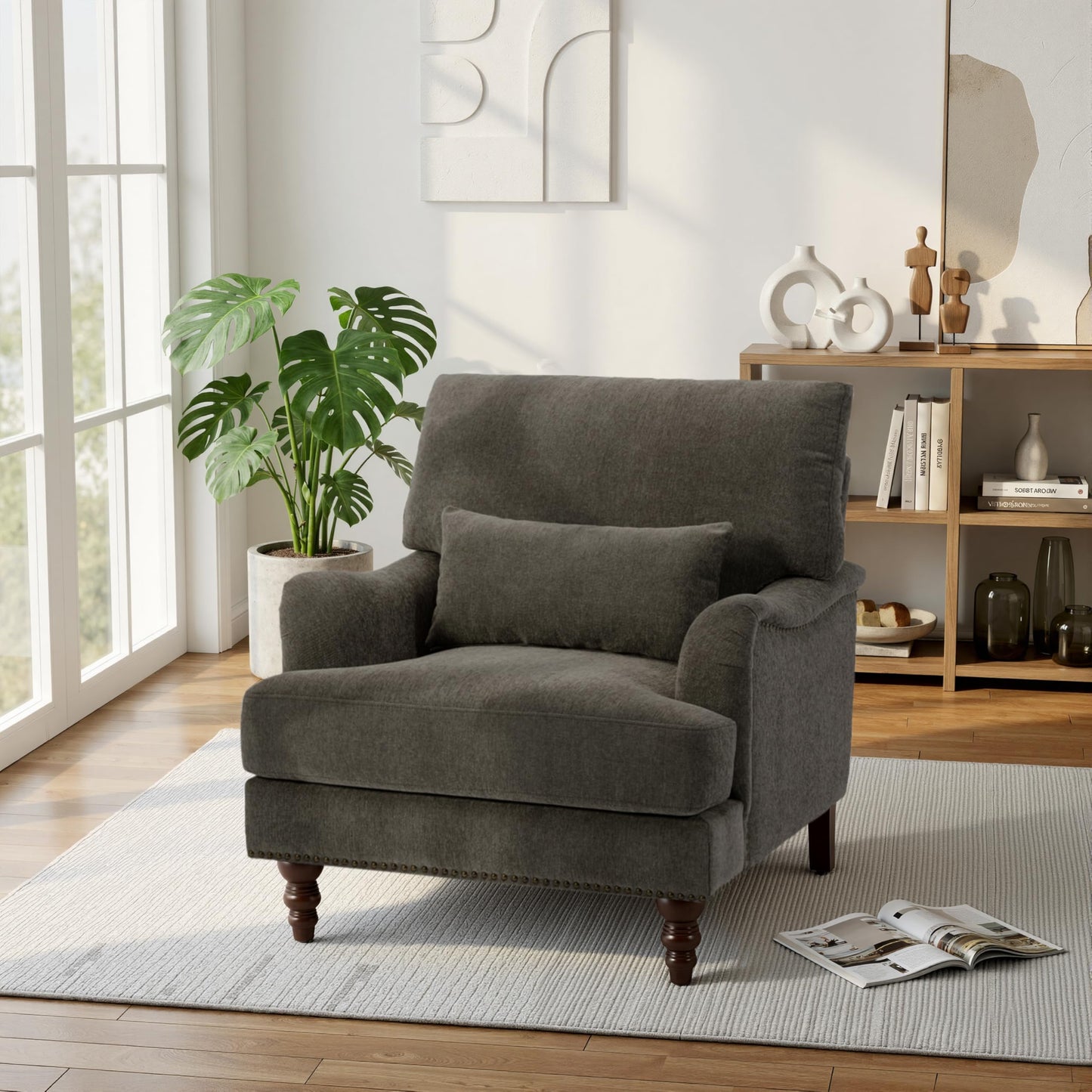 Accent Chair for Living Room, Upholstered Armchair with Nailhead Trim & Solid Wood Legs, Mid Century Modern Club Chair for Bedroom/Reading Room, Rococo Green