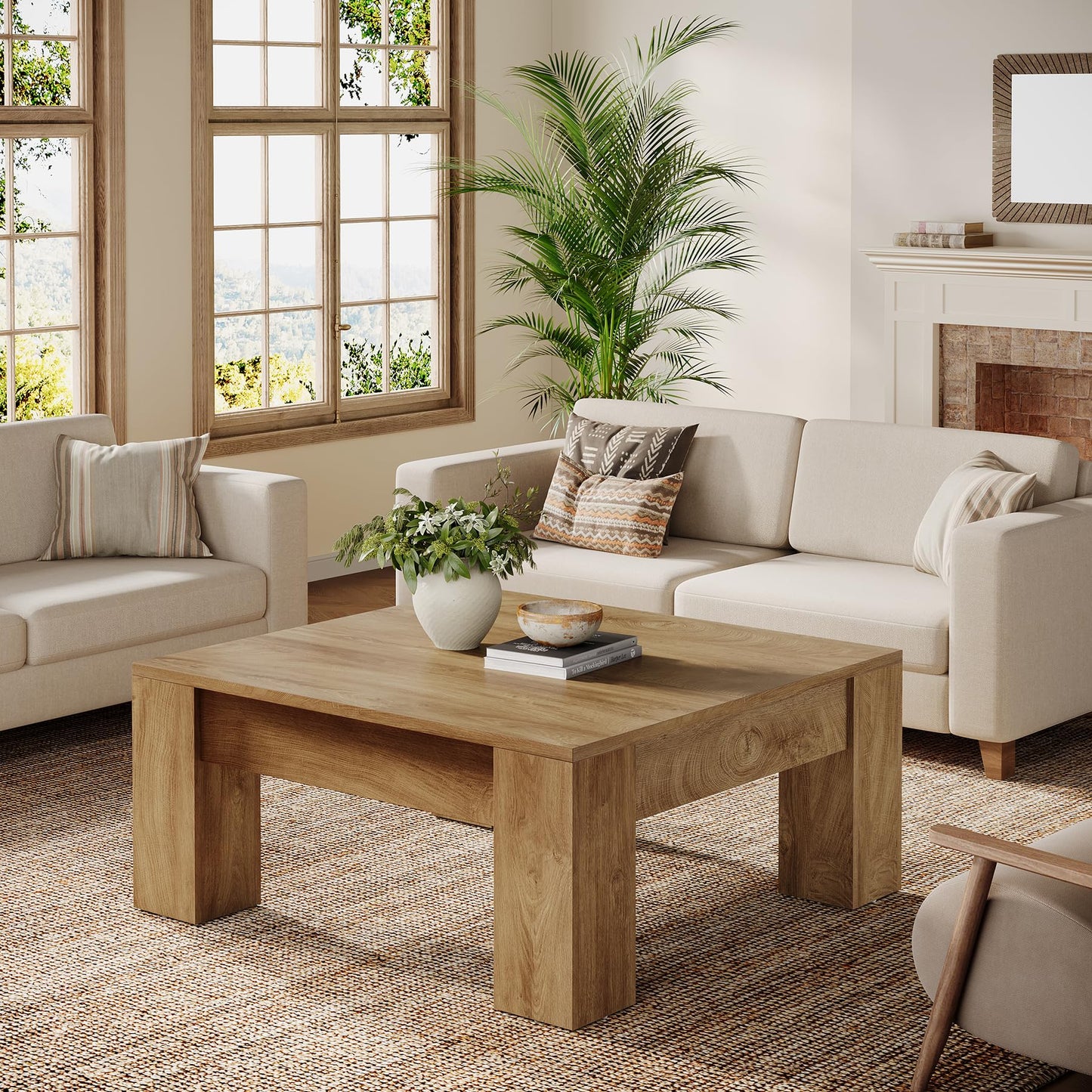 Tribesigns Square Coffee Table, 39-Inch Farmhouse Wooden Coffee Table with Sturdy Legs, Rustic Accent Center Table for Living Room, Easy Assembly, Light Brown