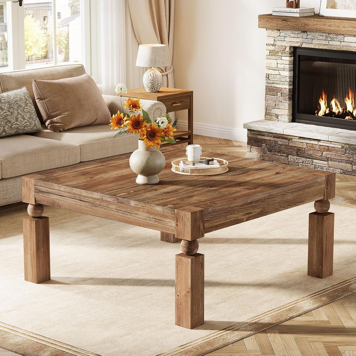 Square Wood Coffee Table, 39-Inch Farmhouse Coffee Table with Sturdy Legs, Rustic Accent Center Table for Living Room, Easy Assembly, Brown